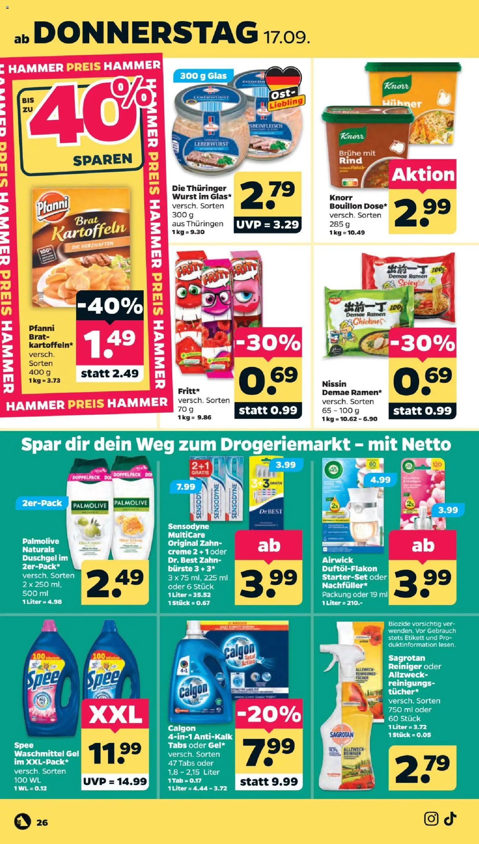 Vorschau von dem Prospekt des Geschäftes Netto, gültig ab dem 14.09.2026 - Wurst, Spee, Kartoffeln, Waschmittel, Creme, Duschgel, Bürste, Brühe