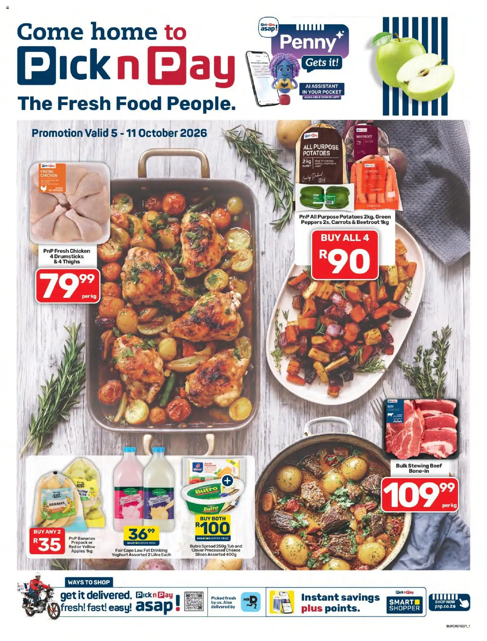 Preview of Pick n Pay flyer valid from 05/10/2026 - Apples, Chicken, Cheese, Bananas, Potatoes, Thighs, Beef, Spread