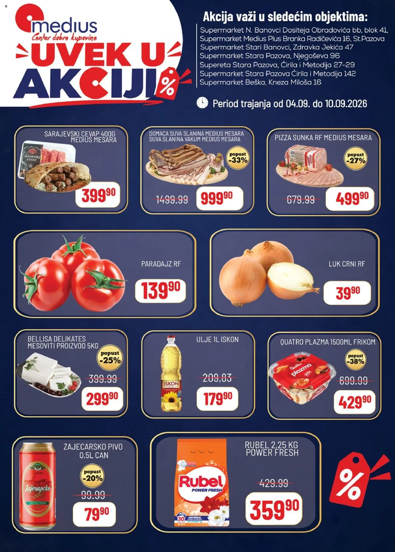 Pregled Medius kataloga - važi od 04.09.2026 - Paradajz, Ćevap, Pivo, Slanina, Luk, Zaječarsko pivo, Pizza šunka, Plazma