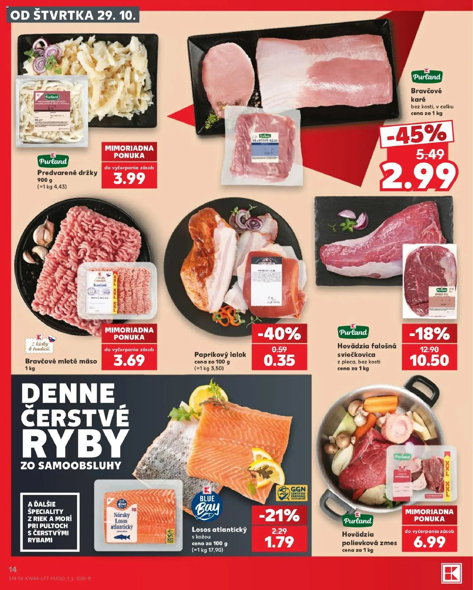 Náhľad Kaufland letáku platného od 29.10.2026 - Mäso, Ryby, Losos, Držky, Mleté mäso, Špeciality