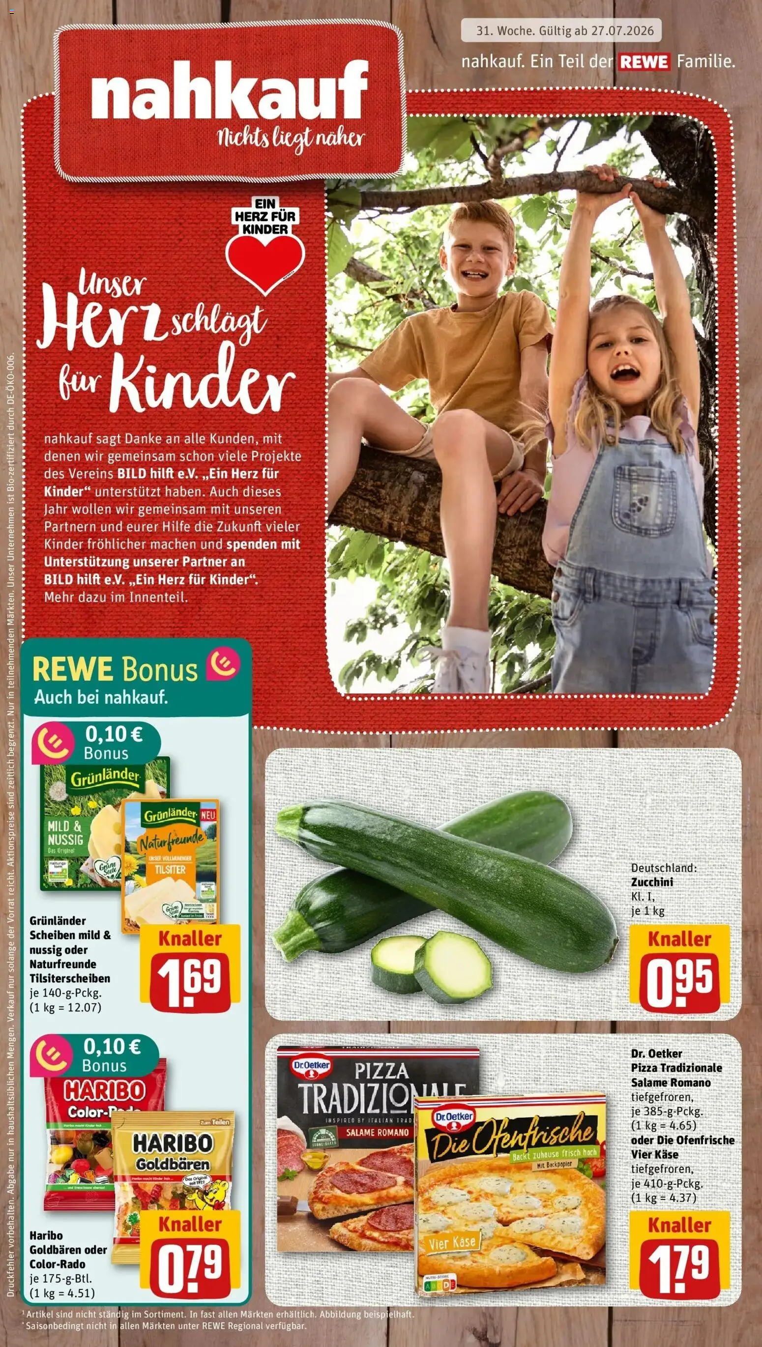 Vorschau von dem Prospekt des Geschäftes Rewe, gültig ab dem 27.07.2026 - Pizza, Käse, Haribo, Zucchini, Ofenfrische, Grunlander