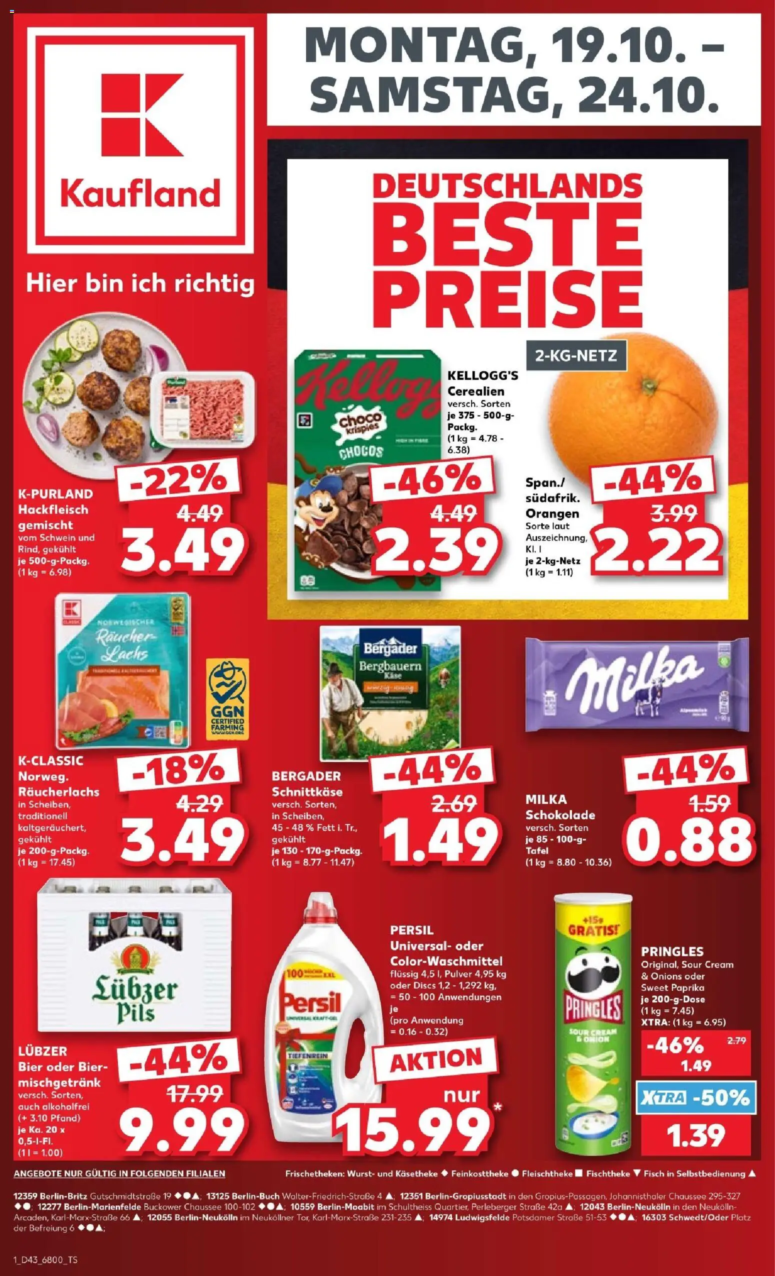 Vorschau von dem Prospekt des Geschäftes Kaufland, gültig ab dem 19.10.2026 - Schokolade, Wurst, Lachs, Hackfleisch, Milka, Paprika, Kellogg's, Orangen