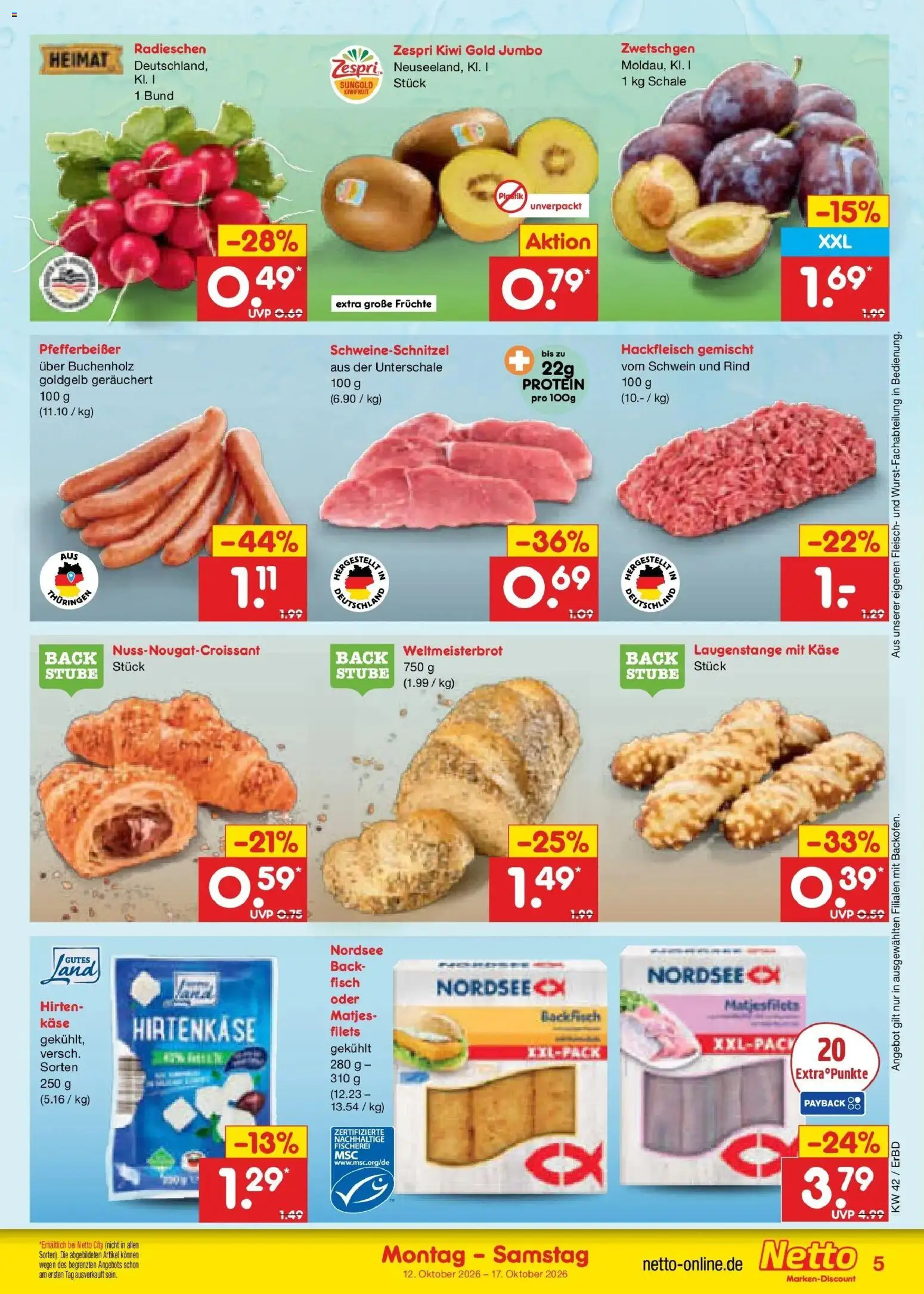 Vorschau von dem Prospekt des Geschäftes Netto Marken-Discount, gültig ab dem 12.10.2026 - Käse, Fisch, Kiwi, Fleisch, Hackfleisch, Zwetschgen