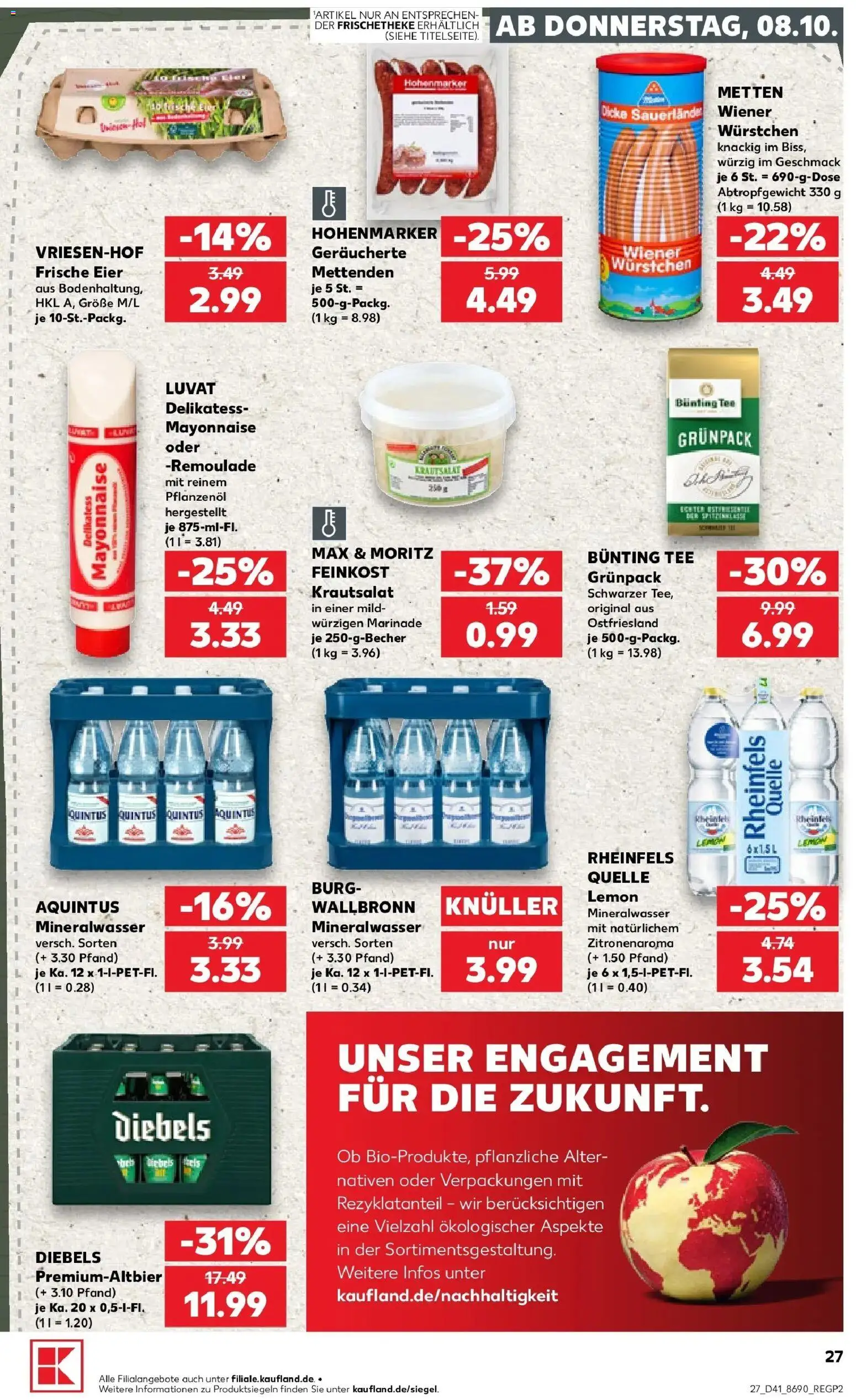 Vorschau von dem Prospekt des Geschäftes Kaufland, gültig ab dem 08.10.2026 - Tee, Mineralwasser, Eier, Mayonnaise, Diebels, Wiener wurstchen