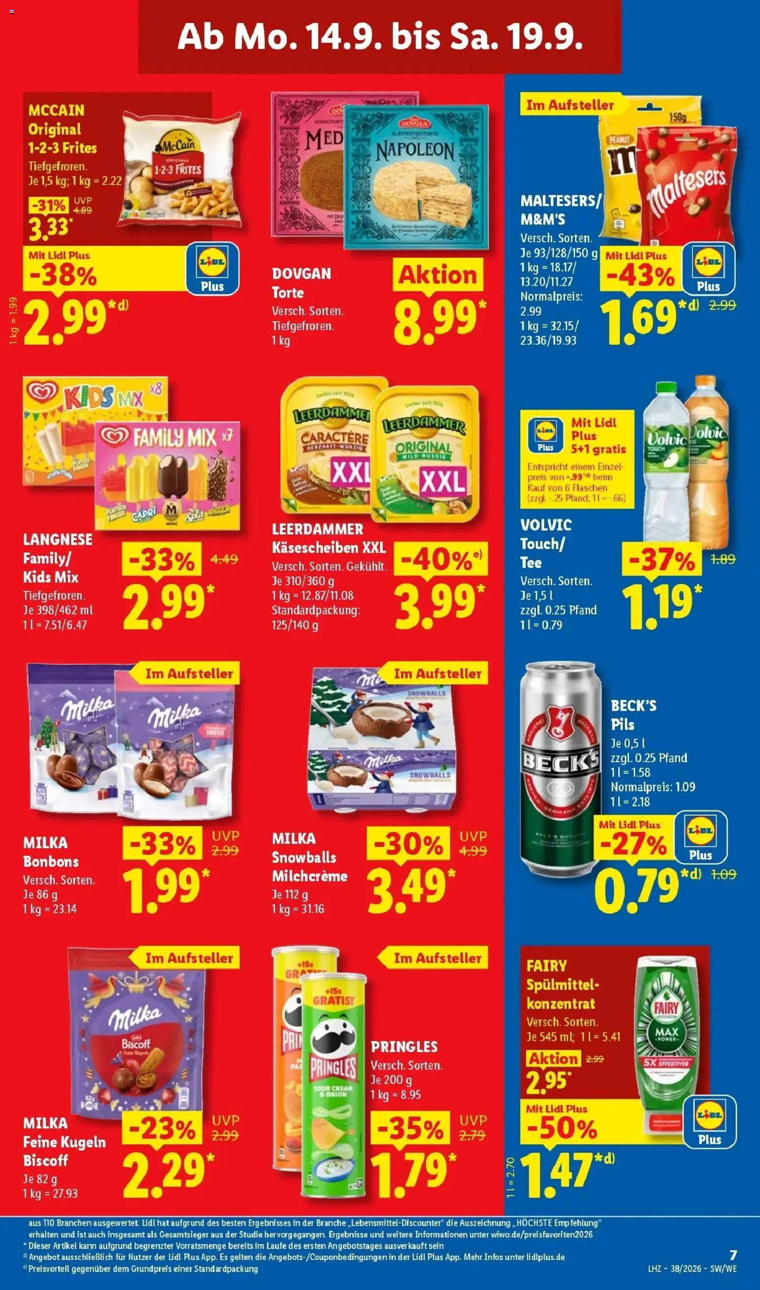 Vorschau von dem Prospekt des Geschäftes Lidl, gültig ab dem 14.09.2026 - Chips, Tee, Milka, Pringles, Volvic, Langnese, M&M's, McCain