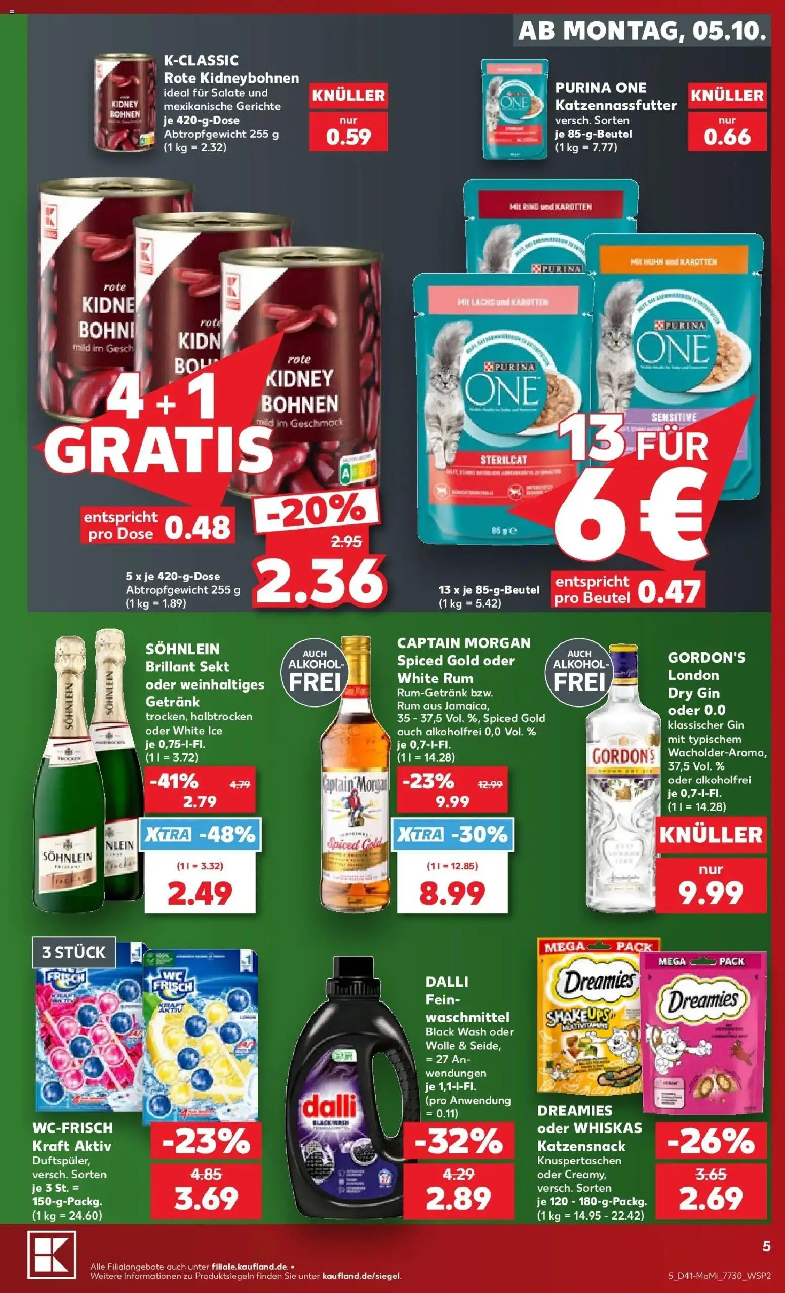 Vorschau von dem Prospekt des Geschäftes Kaufland, gültig ab dem 05.10.2026 - Gerichte, Lachs, Alkohol, Gin, Rum, Captain morgan, Waschmittel, Whiskas