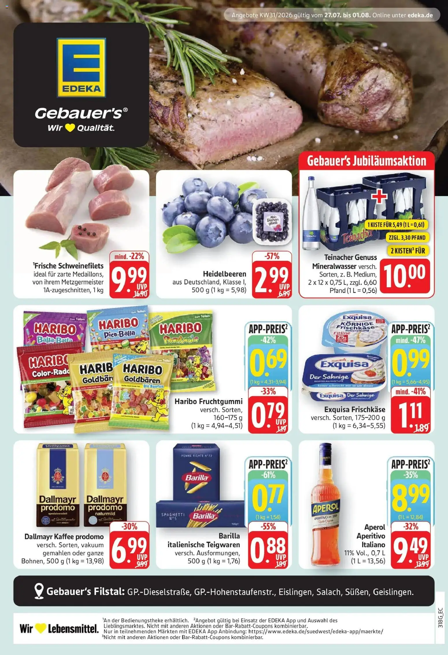 Vorschau von dem Prospekt des Geschäftes Edeka, gültig ab dem 27.07.2026 - Haribo, Aperol, Mineralwasser, Dallmayr, Barilla, Dallmayr prodomo, Frischkase, Exquisa frischkase