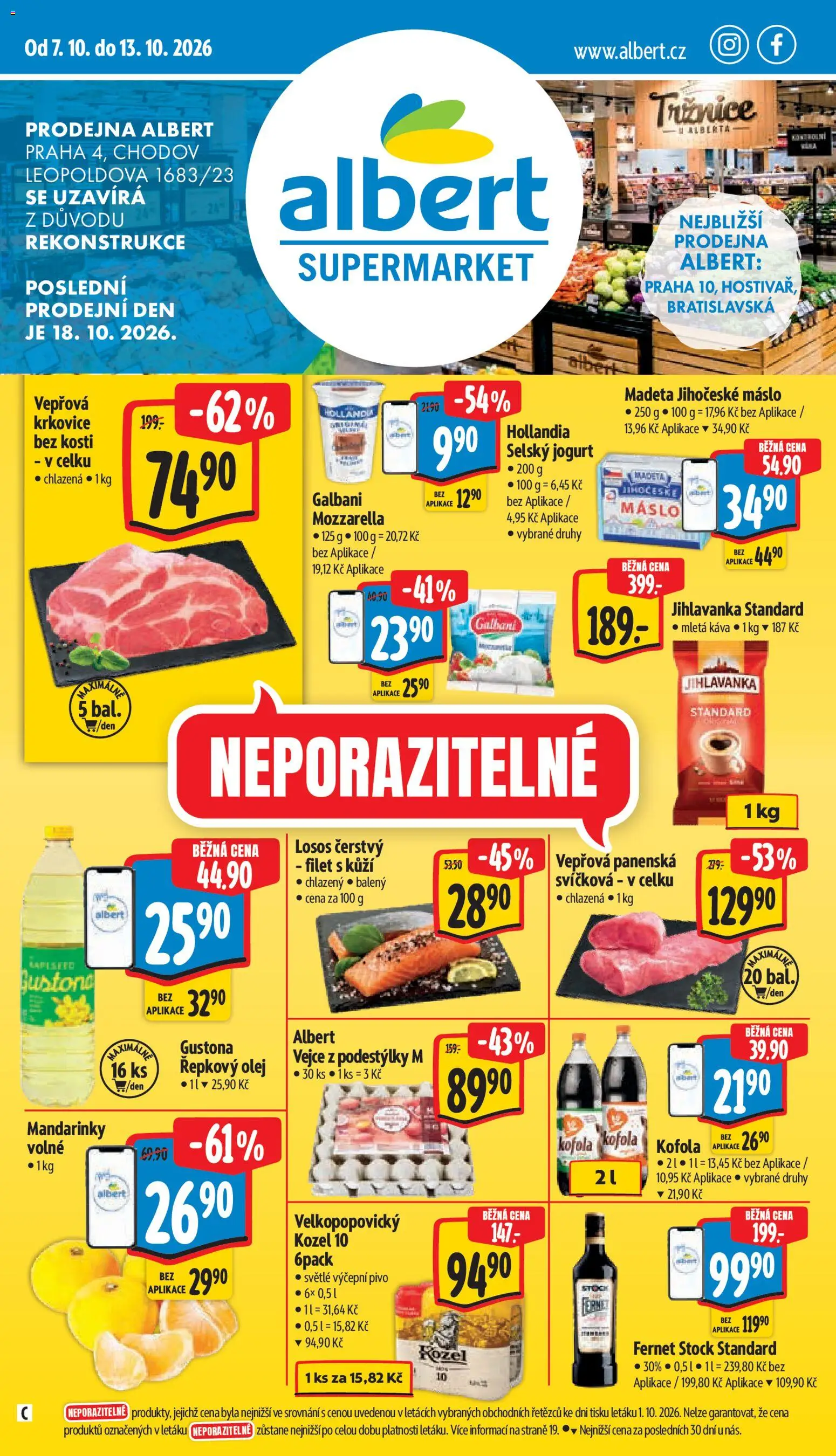 Náhled nabídky: Albert Albert leták - Supermarket Praha 4 platný od 07.10.2026 - Pivo, Kozel, Fernet, Vepřová krkovice, Hollandia, Mletá káva, Jihočeské máslo, Filet