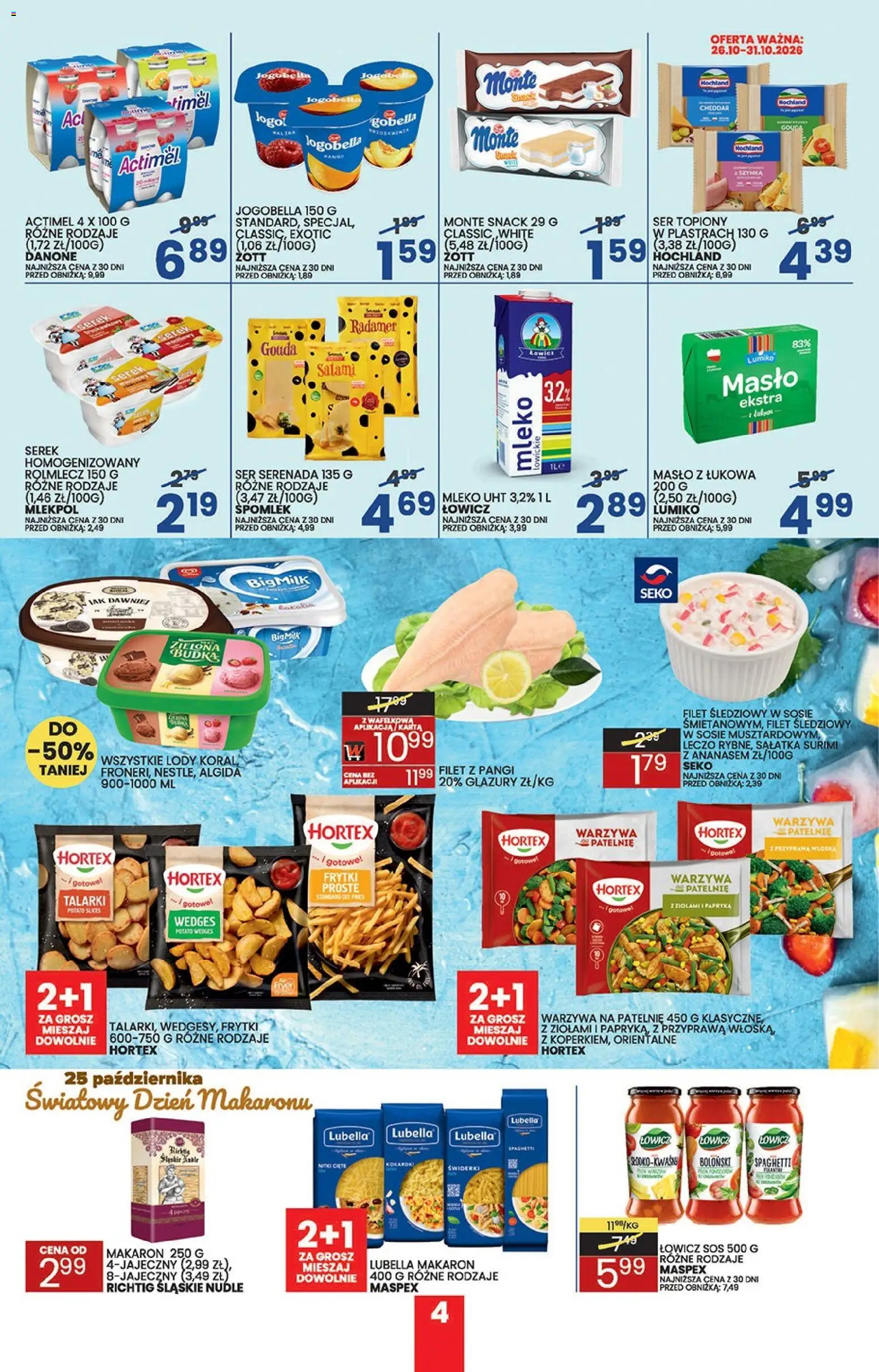 Pogląd gazetki "Wafelek gazetka" ze sklepu Wafelek ważnej od 19.10.2026 - Lody, Spaghetti, Ser, Warzywa na patelnie, Serek homogenizowany, Actimel, Mleko UHT, Ser topiony