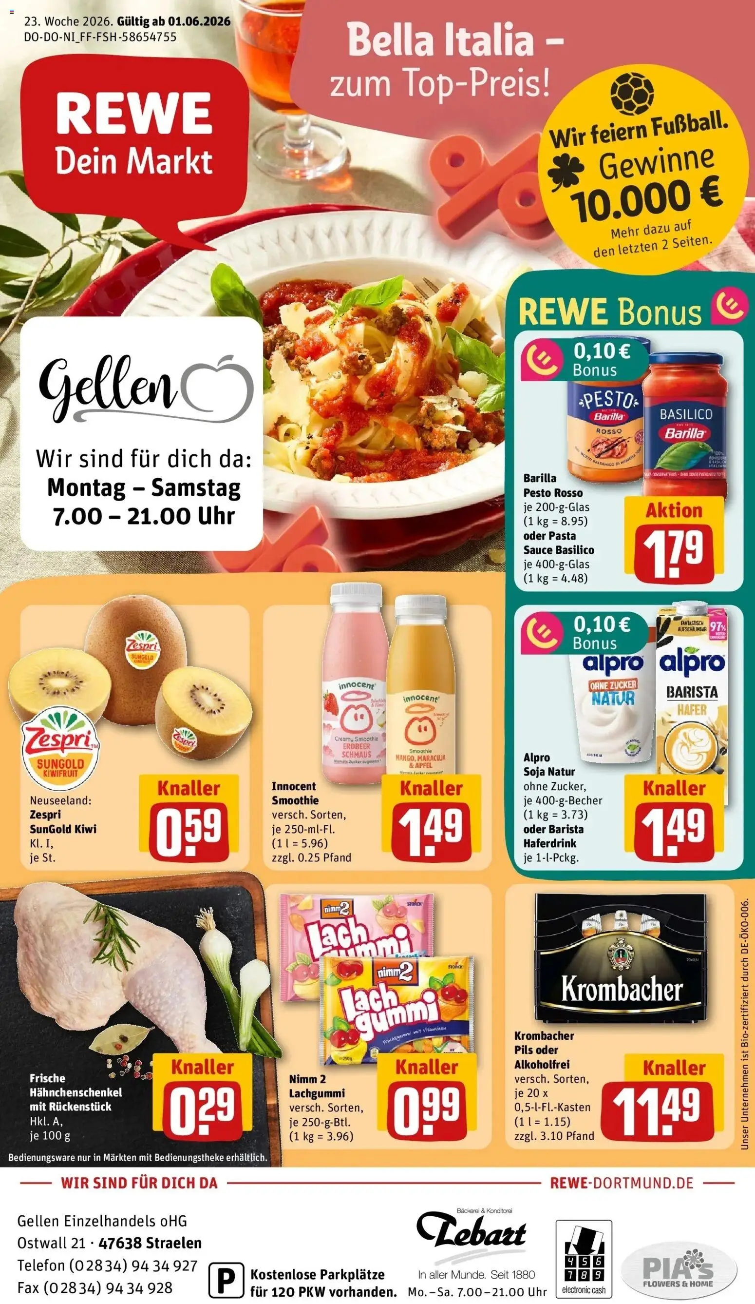 Vorschau von dem Prospekt des Geschäftes Rewe, gültig ab dem 01.06.2026 - Pasta, Äpfel, Kiwi, Krombacher, Hahnchenschenkel, Barilla, Barilla pesto, Haferdrink