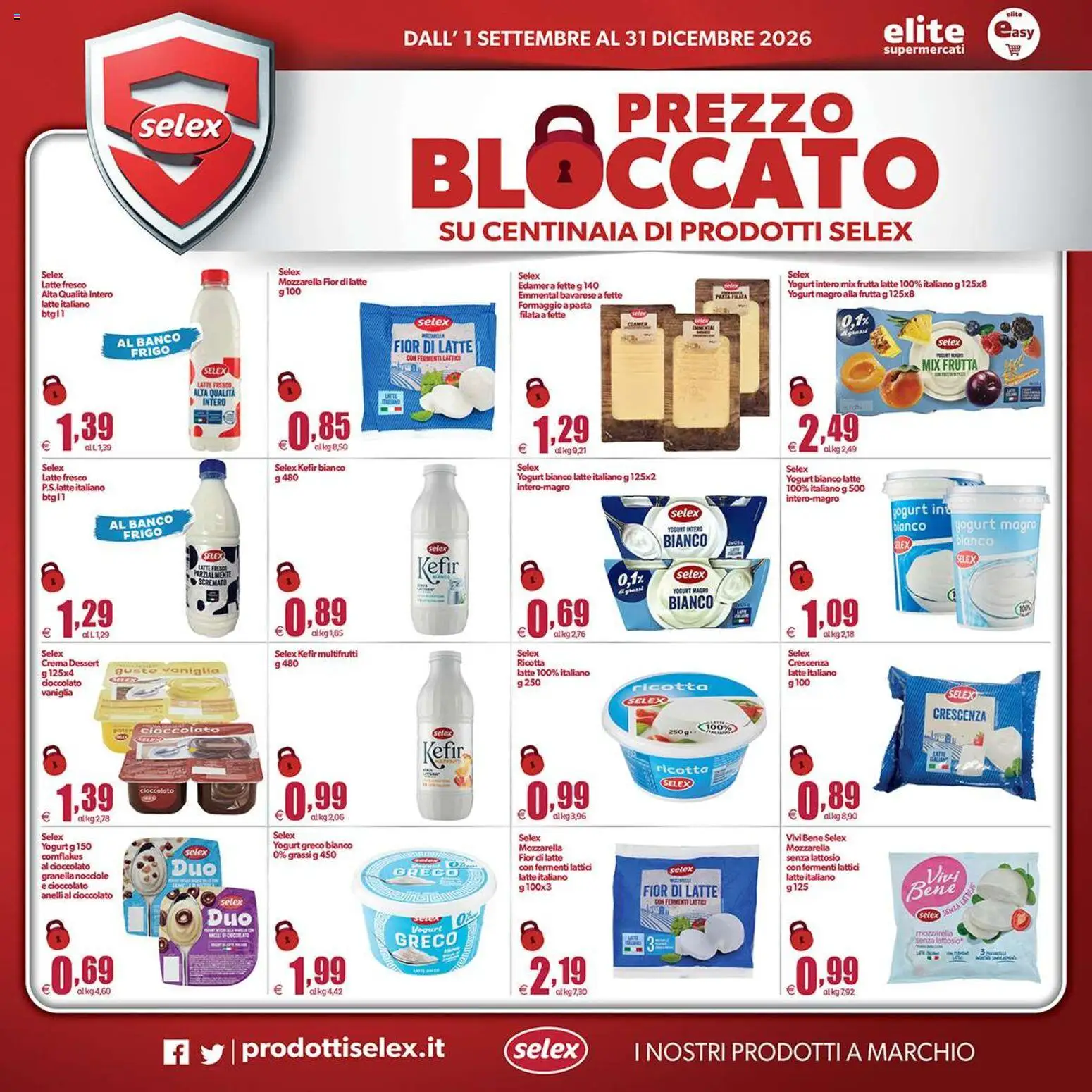 Anteprima dell'opuscolo Elite Supermercati volantino Spesa Difesa Selex dal negozio Elite Supermercati valido da 01/09/2026 - Pasta, Kefir, Latte, Cioccolato, Frutta, Mozzarella, Nocciole, Yogurt magro