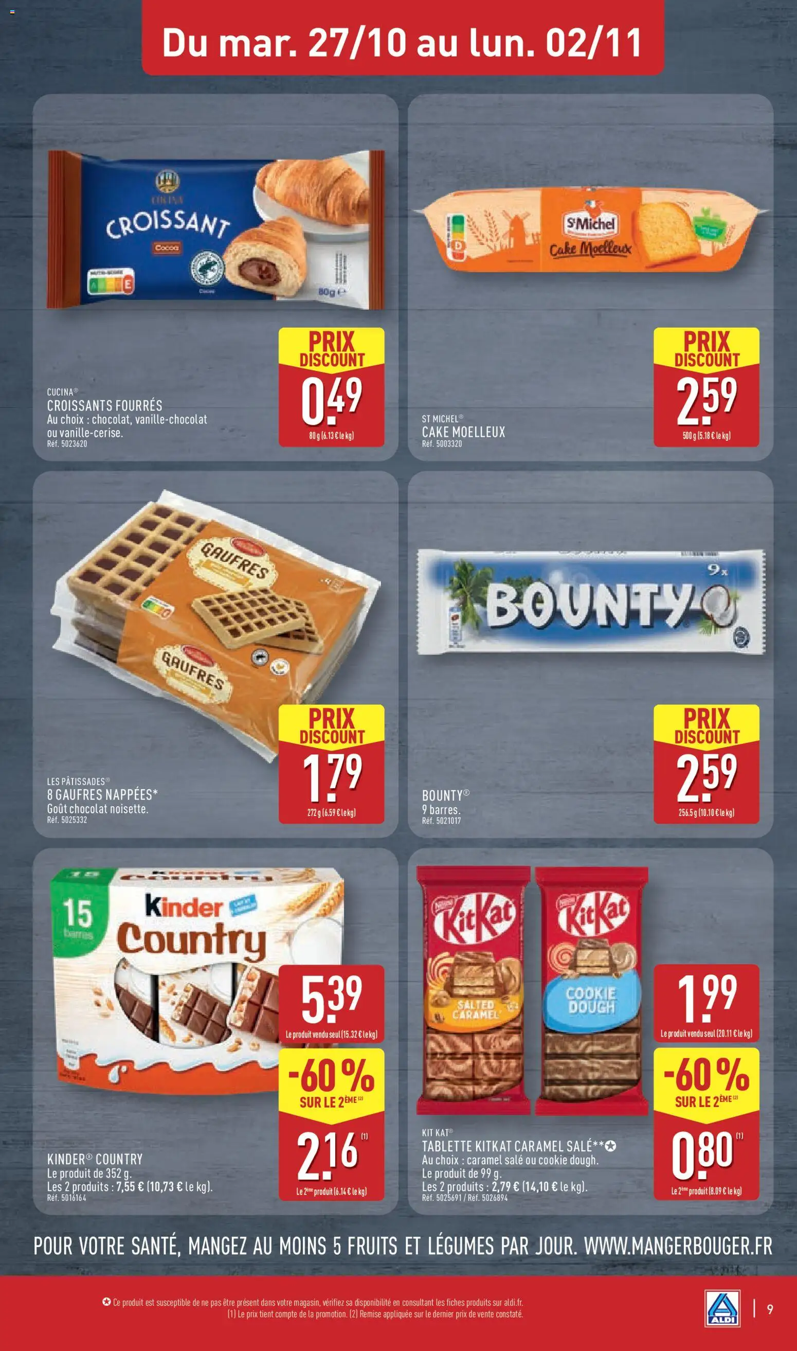 Prévisualisation de Aldi catalogue du magasin Aldi formulaire valide 27/10/2026 - Chocolat, Tablette, Fruits, Croissant, Gaufres, Cake, Kinder country