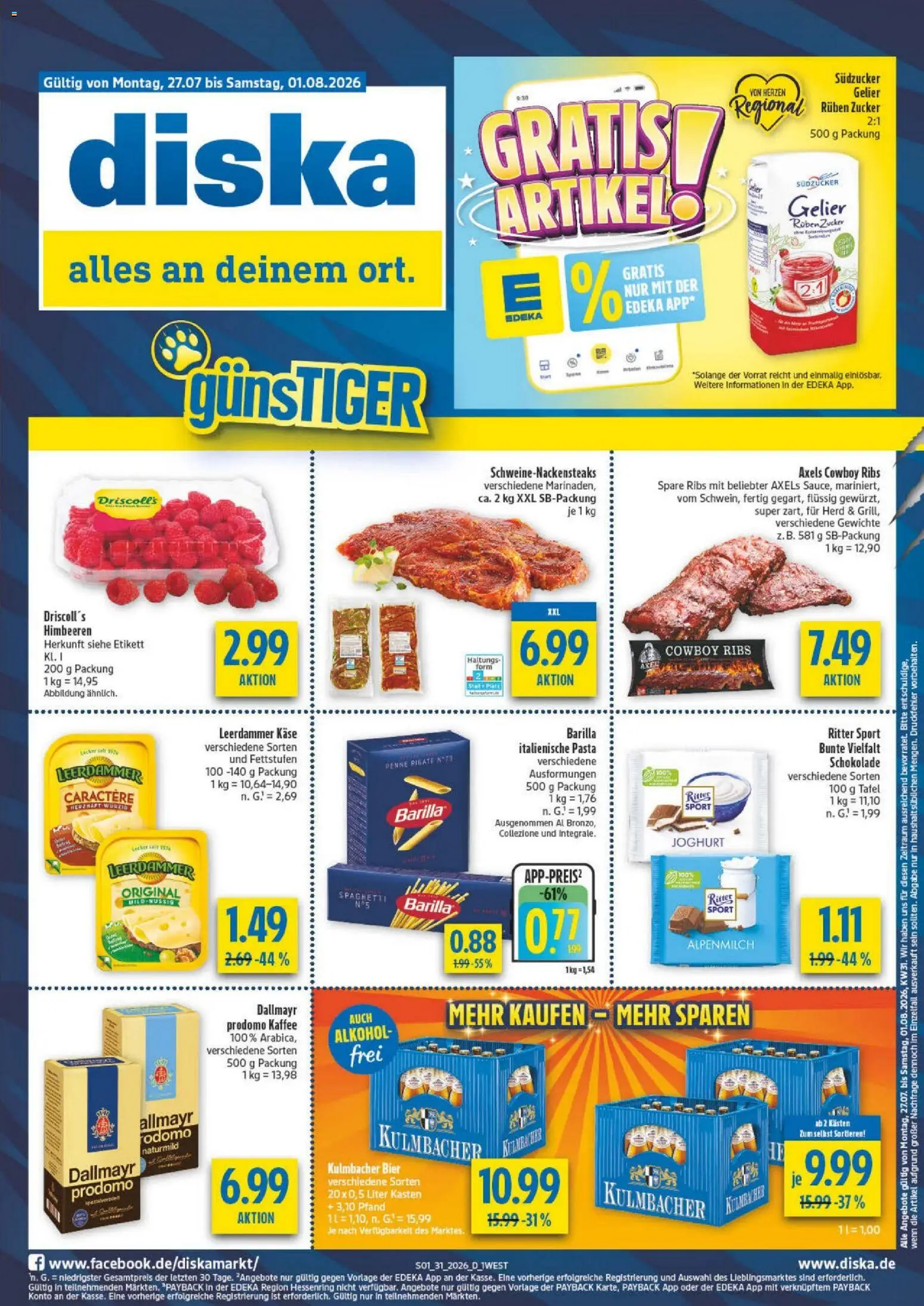 Vorschau von dem Prospekt des Geschäftes Diska, gültig ab dem 27.07.2026 - Kaffee, Bier, Joghurt, Spaghetti, Himbeeren, Alkohol, Dallmayr, Barilla