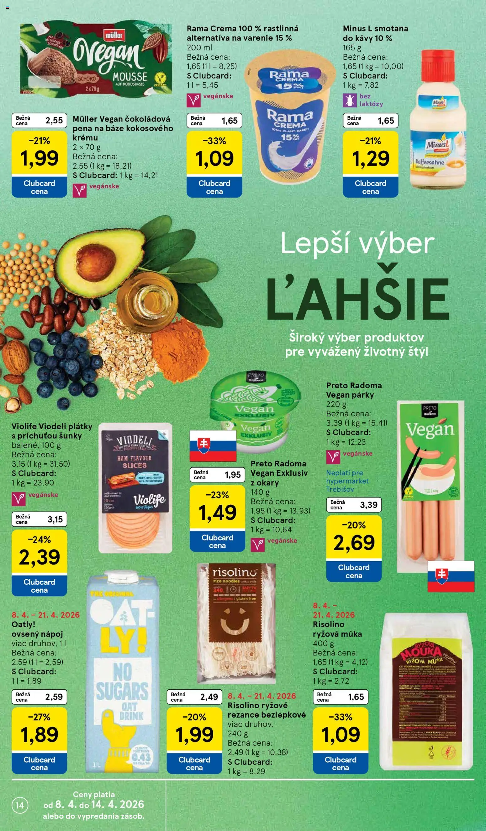 Náhľad Tesco letáku platného od 08.04.2026 - Párky, Smotana, Rezance, Rama, Pena, Ryžová múka, Múka, Čokoládová pena