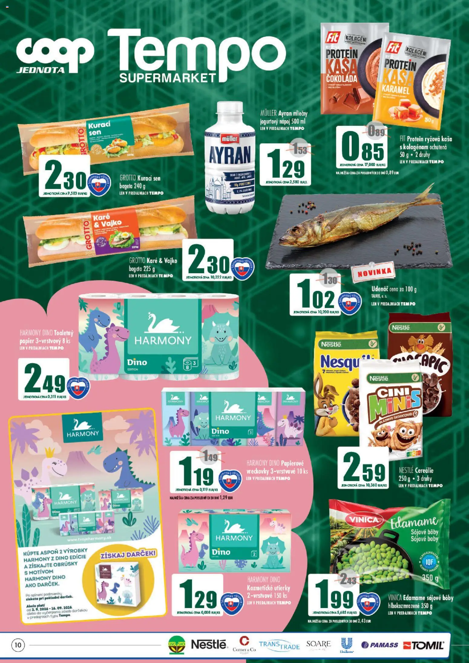 Náhľad COOP Jednota letáku platného od 03.09.2026 - Protein, Čokoláda, Bageta, Kolagén, Kaša, Vreckovky, Utierky, Cereálie