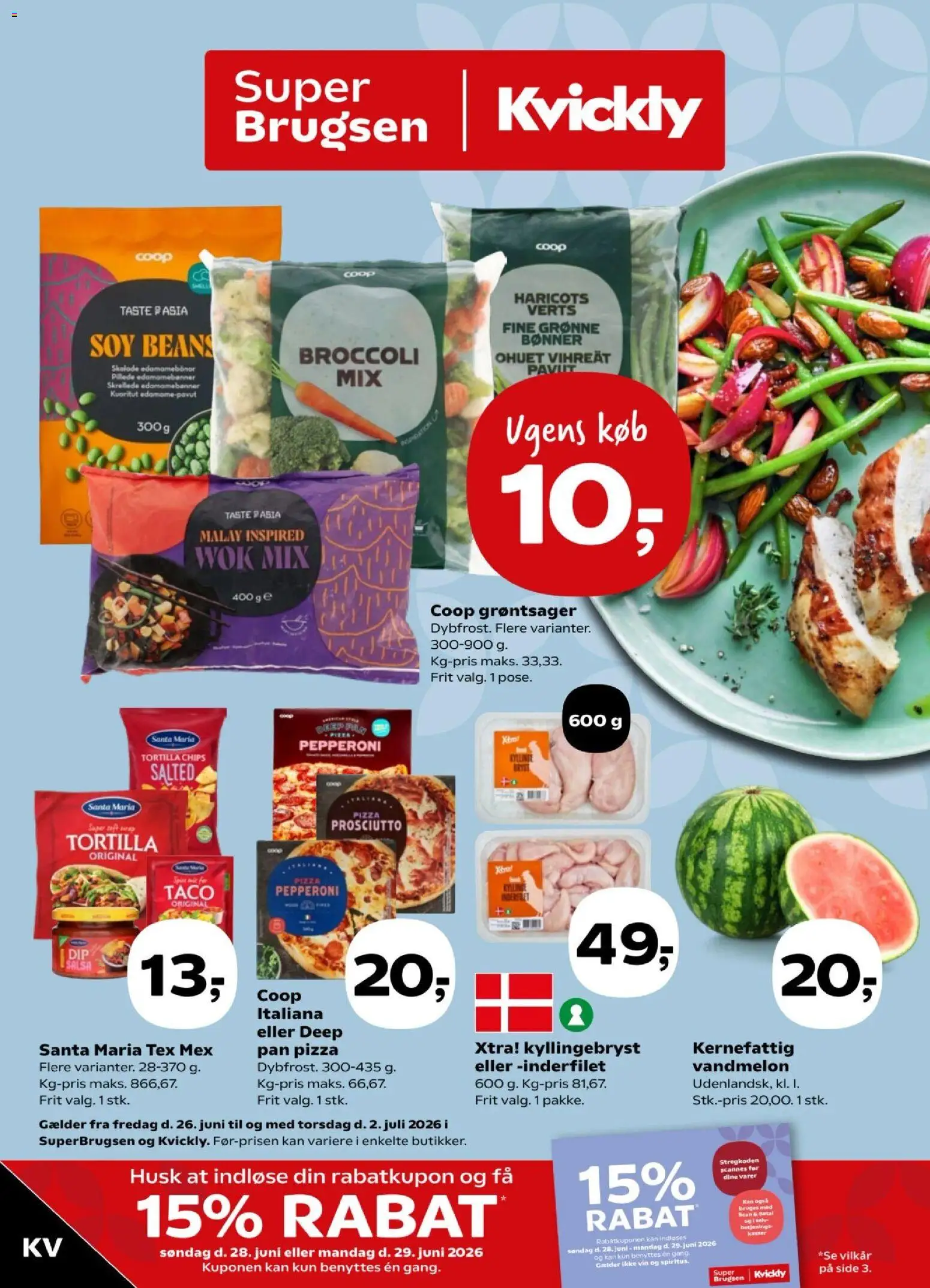 Eksempel på tilbudsavis Kvickly - Tilbudsavis uge 26 fra butik Kvickly gyldig fra 26/06/2026 - Pizza, Vin, Taco, Chips, Broccoli, Vandmelon, Bønner, Grønne Bønner