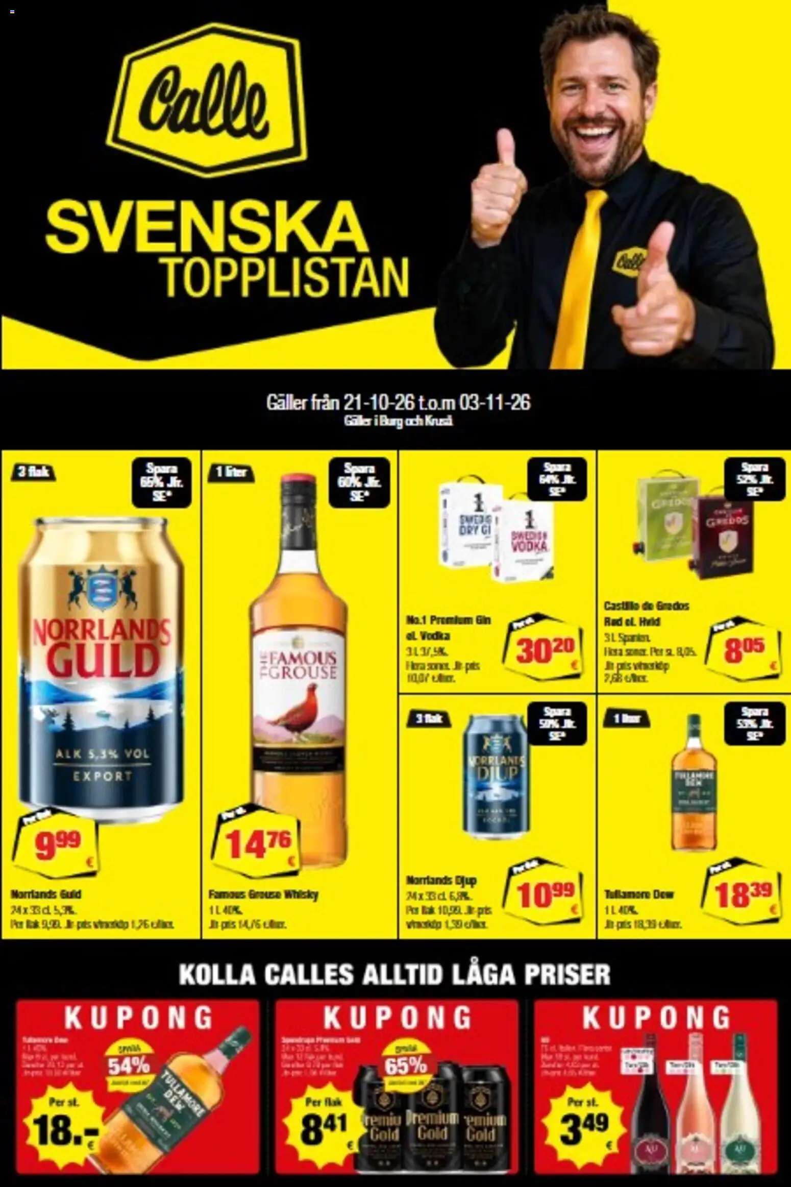 Eksempel på tilbudsavis Calle - Tilbudsavis - Svenska Topplistan fra butik Calle gyldig fra 21/10/2026 - Gin, Vodka, Whisky