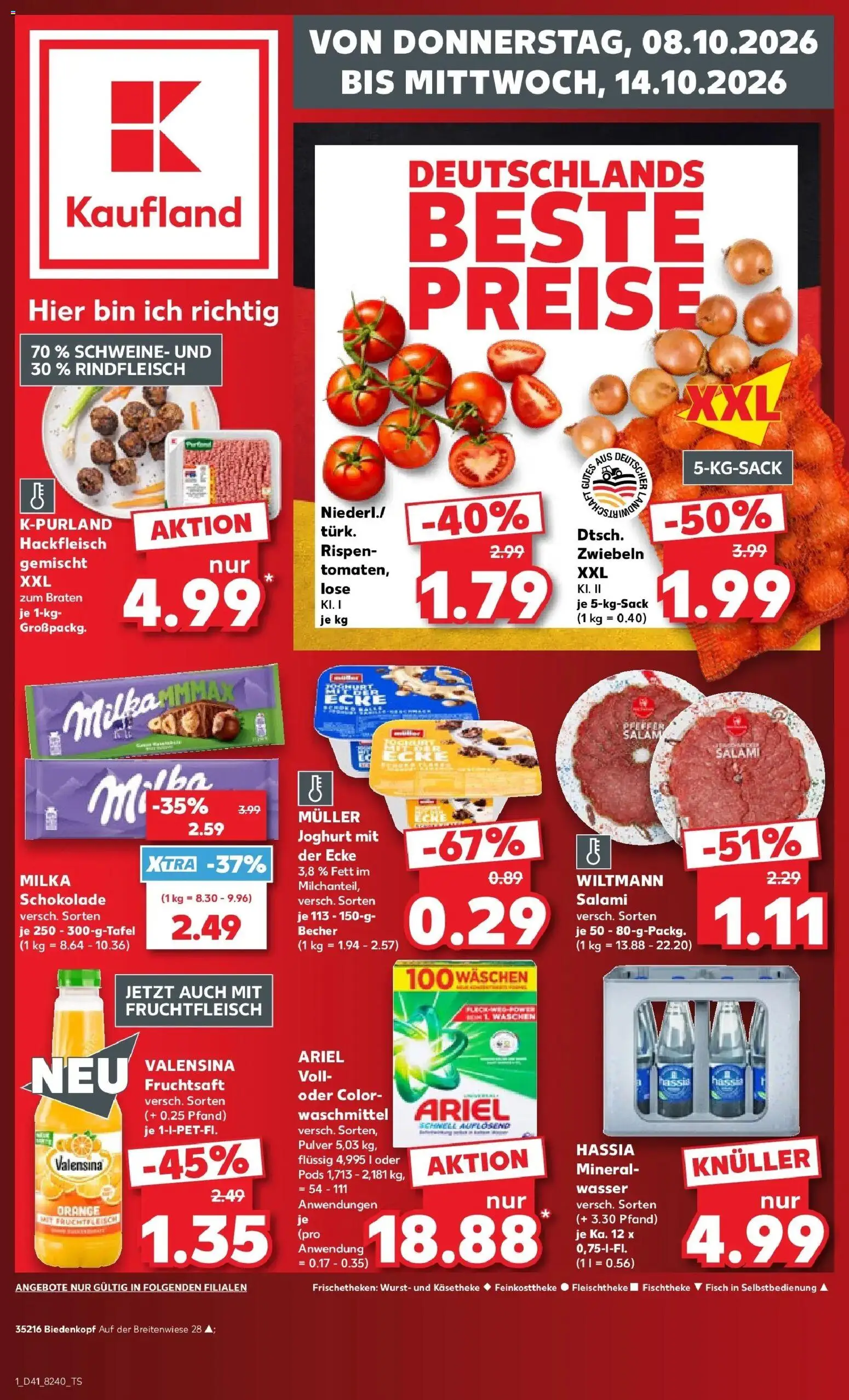 Vorschau von dem Prospekt des Geschäftes Kaufland, gültig ab dem 08.10.2026 - Wasser, Fisch, Wurst, Joghurt, Hackfleisch, Milka, Ariel, Waschmittel