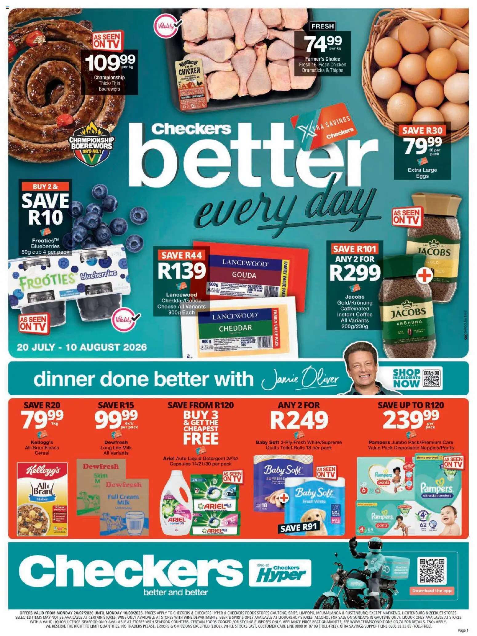 Preview of Checkers flyer valid from 20/07/2026 - Toilet, Eggs, Cheese, Seafood, Blueberries, Beer, Cream, Detergent