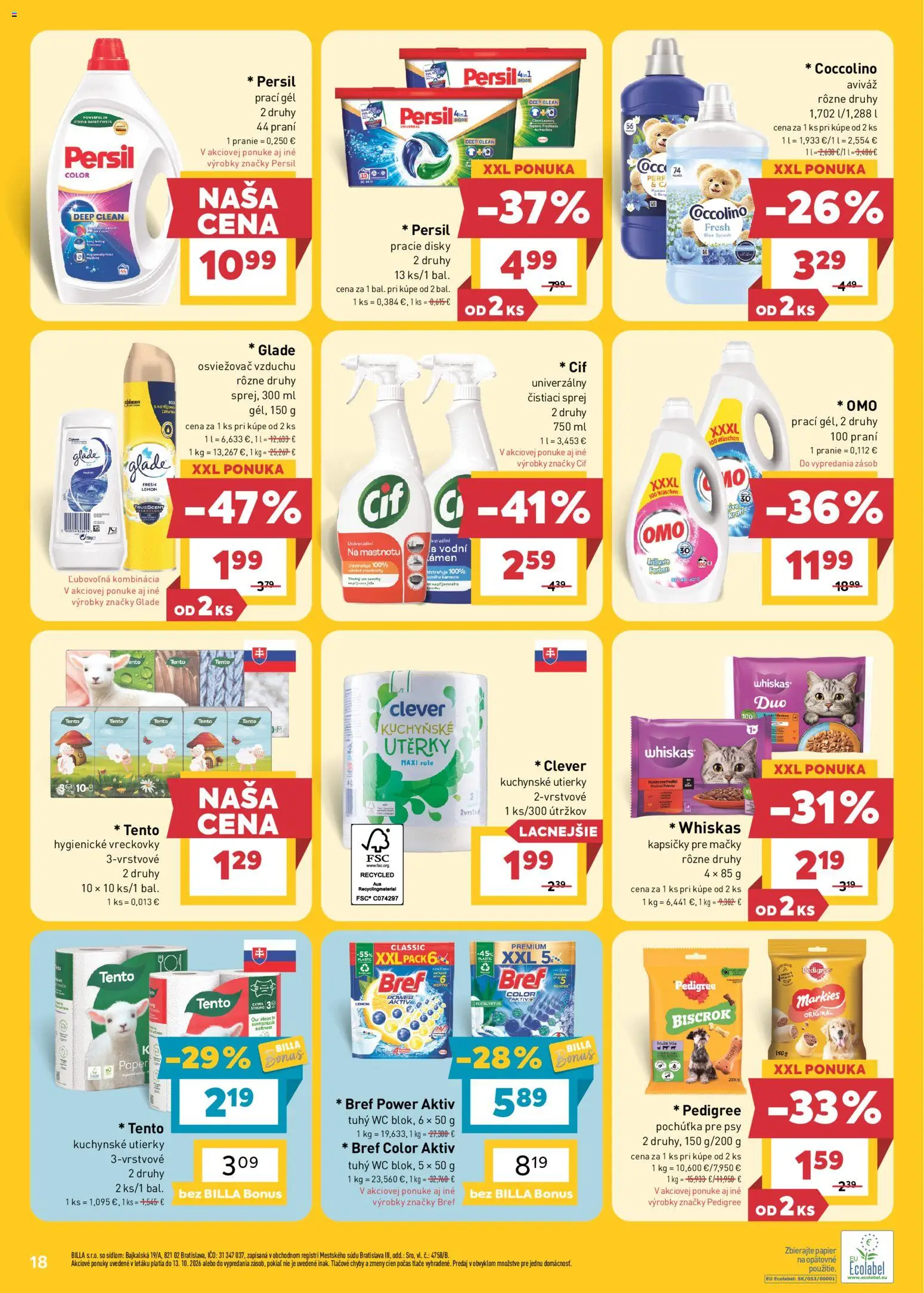 Náhľad Billa letáku platného od 07.10.2026 - Kuchynské utierky, Kapsičky pre mačky, Cif, Aviváž, Whiskas, Vreckovky, Utierky, Kapsičky