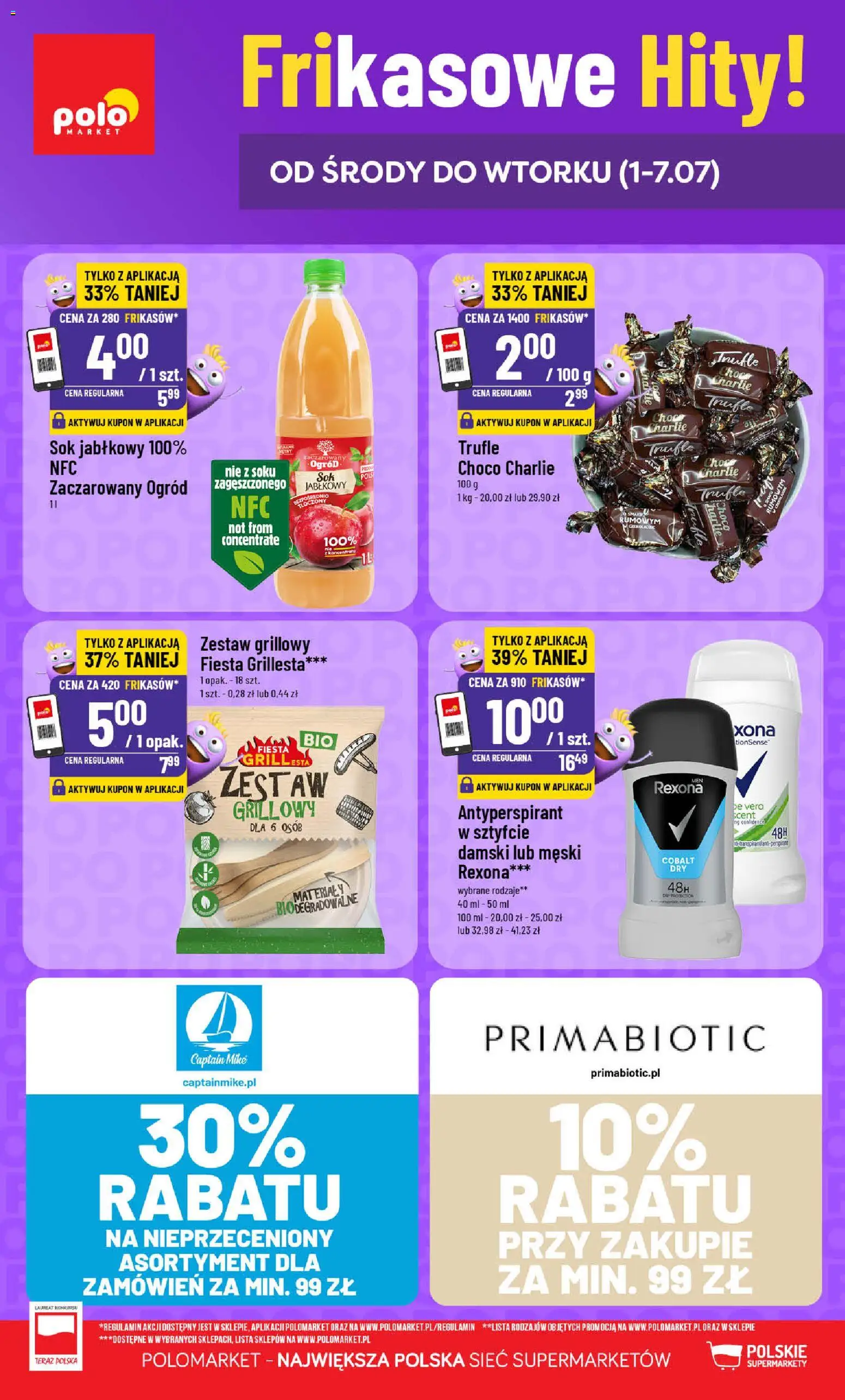 Pogląd gazetki "POLOmarket gazetka - Frikasowe Hity" ze sklepu POLOmarket ważnej od 01.07.2026 - Grill, Antyperspirant, Sok, Sok jabłkowy