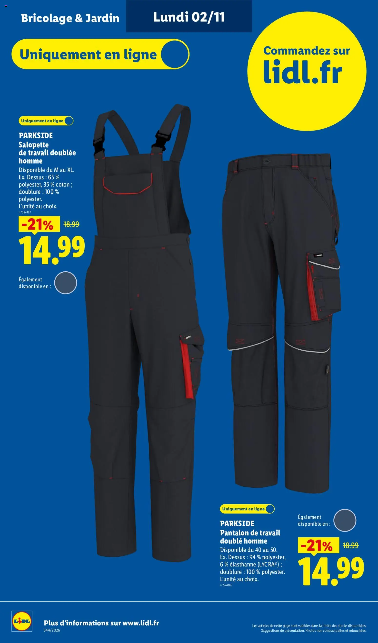 Prévisualisation de LIDL catalogue du magasin LIDL formulaire valide 29/10/2026 - Bricolage, Parkside, Pantalon, Salopette, Coton, Pantalon de travail