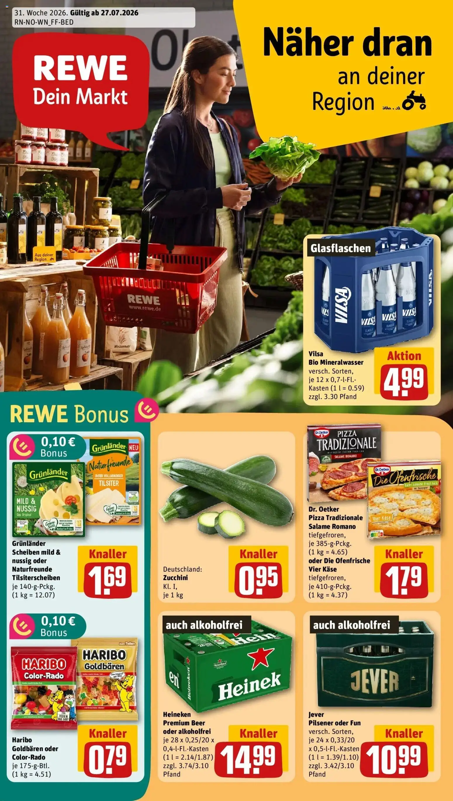Vorschau von dem Prospekt des Geschäftes Rewe, gültig ab dem 27.07.2026 - Pizza, Haribo, Zucchini, Mineralwasser, Jever, Heineken, Weizenmehl, Grunlander