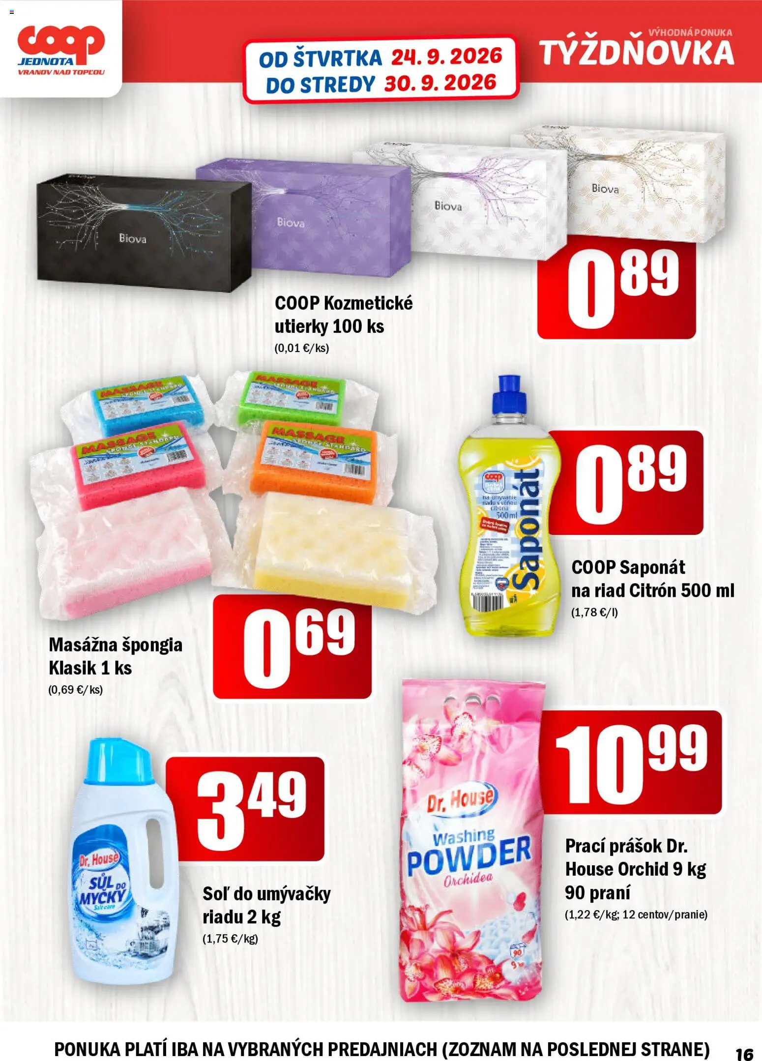 Náhľad COOP Jednota letáku platného od 24.09.2026 - Orchidea, Soľ, Riad, Prací prášok, Utierky, Soľ do umývačky