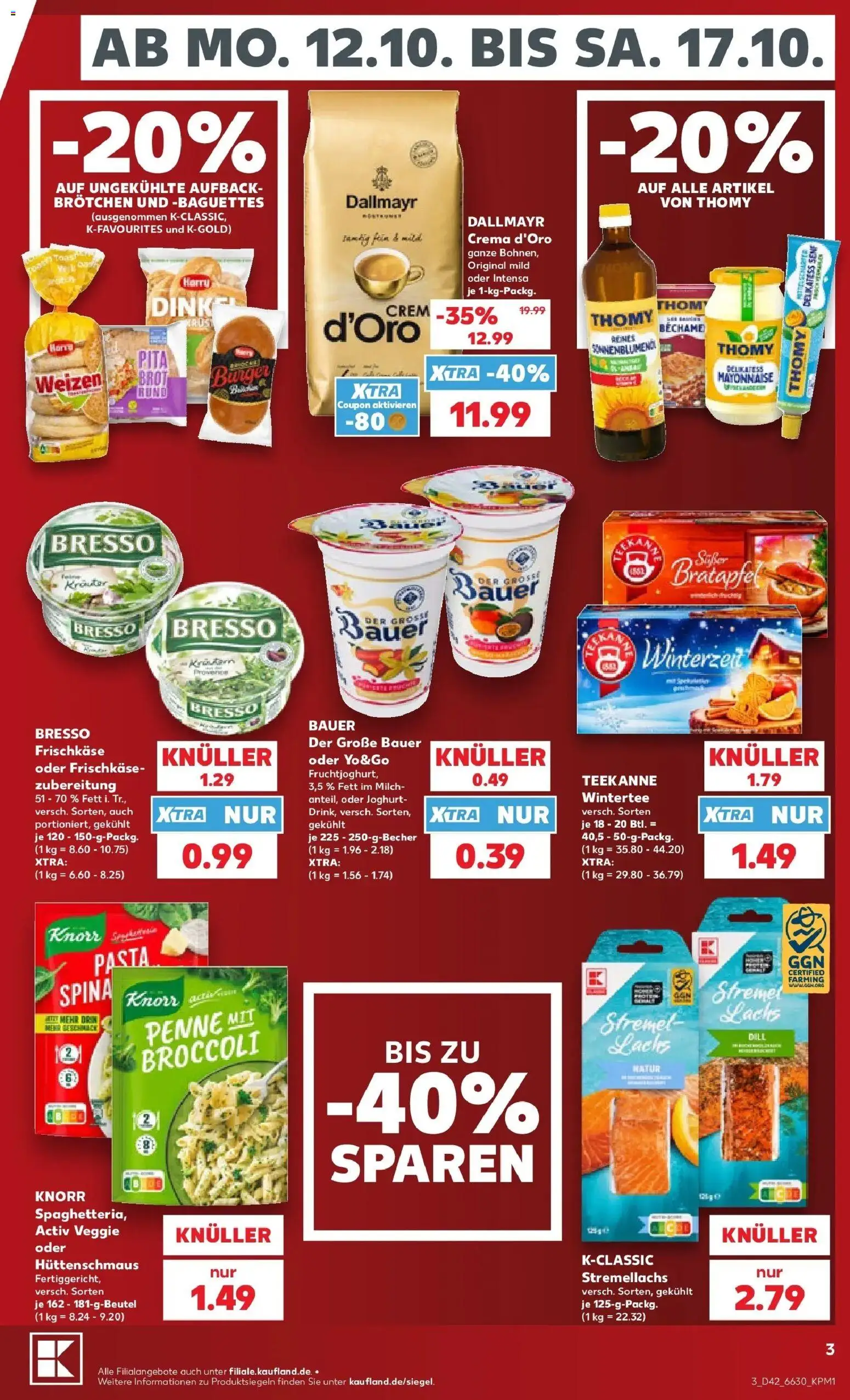 Vorschau von dem Prospekt des Geschäftes Kaufland, gültig ab dem 12.10.2026 - Pasta, Joghurt, Teekanne, Dallmayr, Mayonnaise, Dill, Knorr, Frischkase