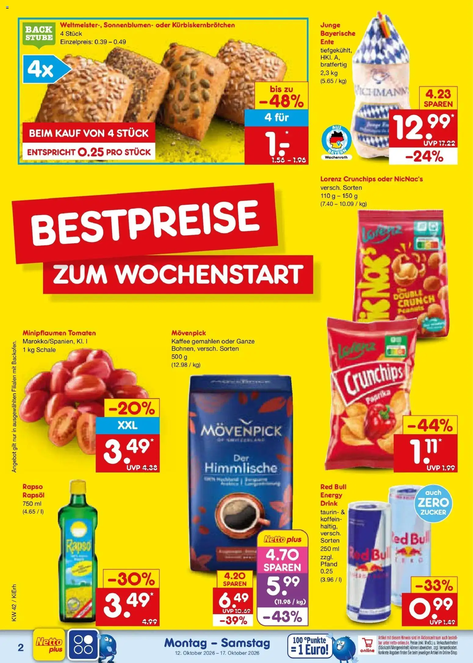 Vorschau von dem Prospekt des Geschäftes Netto Marken-Discount, gültig ab dem 12.10.2026 - Kaffee, Red bull, Ente, Paprika, Zucker, Energy, Rapsöl, Tomaten