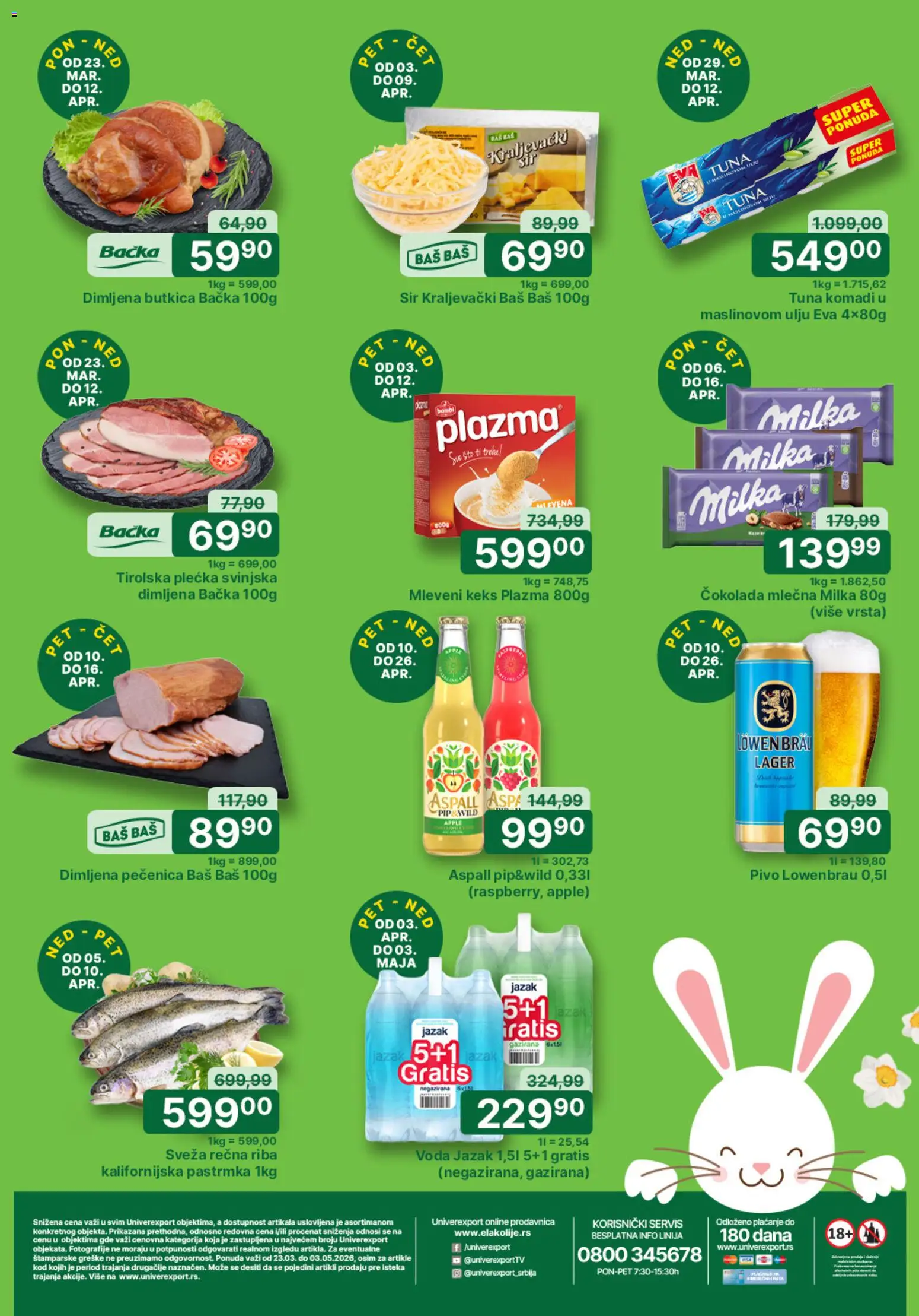 Pregled Univerexport kataloga - važi od 23.03.2026 - Pastrmka, Pivo, Milka, Voda, Sir, Mleveni keks, Pečenica, Plazma