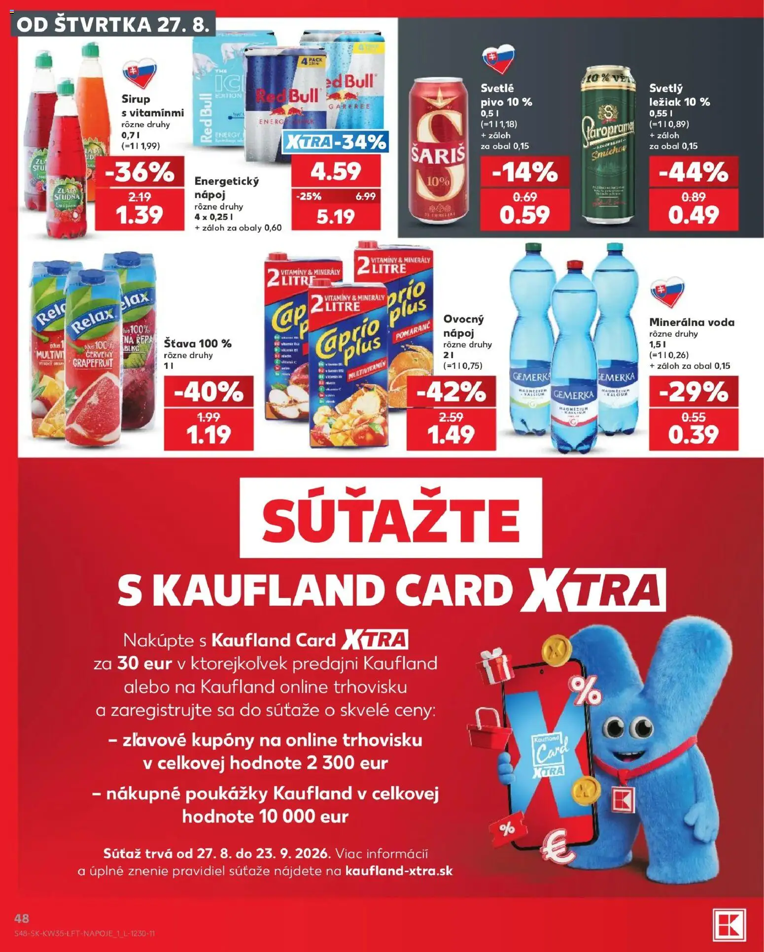 Náhľad Kaufland letáku platného od 27.08.2026 - Voda, Pivo, Red Bull, Sirup, Šariš, Grapefruit, Gemerka, Minerálna voda