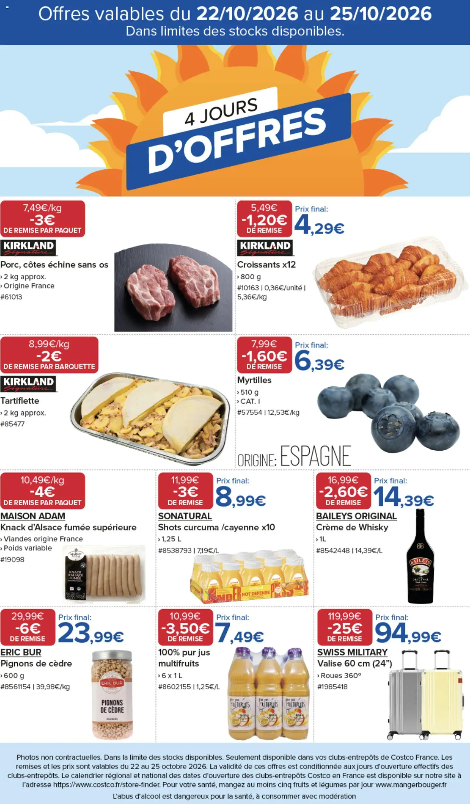 Prévisualisation de Costco 4 jours d'offres du magasin Costco formulaire valide 22/10/2026 - Tartiflette, Valise, Whisky, Myrtilles, Curcuma, Baileys, Crème, Jus