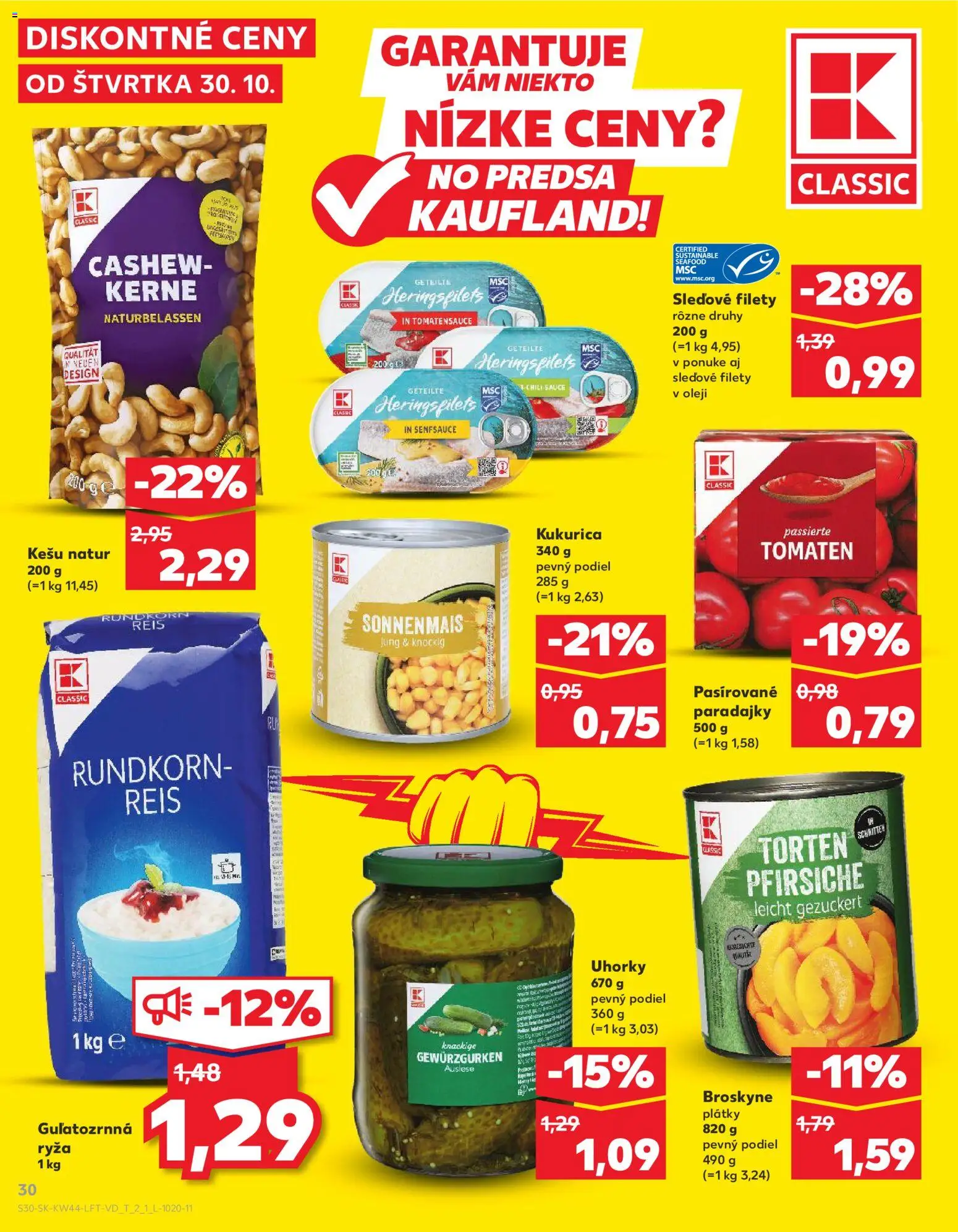 Náhľad Kaufland letáku platného od 30.10.2025 - Paradajky, Kukurica, Ryža, Broskyne, Kešu, Uhorky