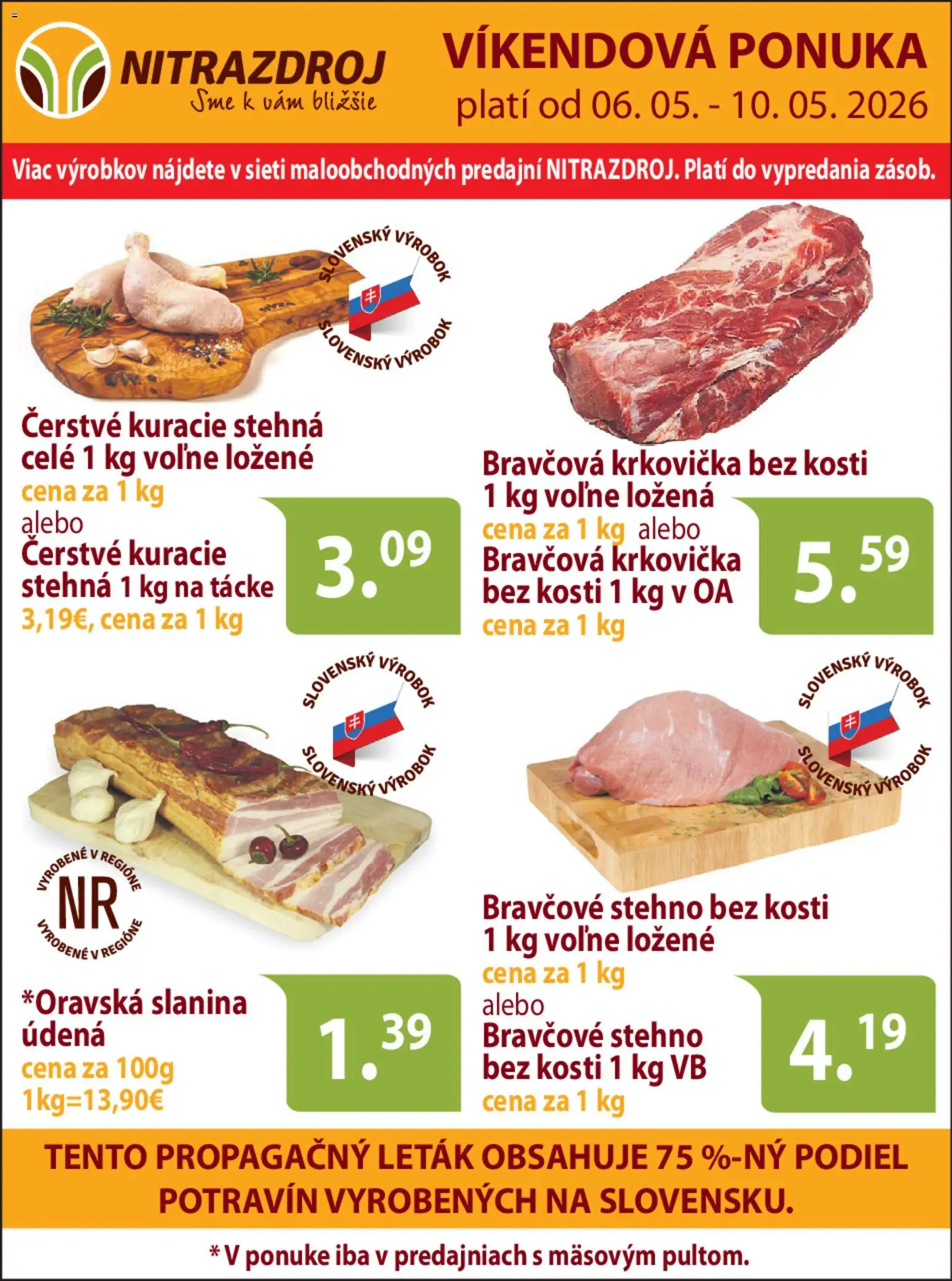 Náhľad Nitrazdroj letáku platného od 06.05.2026 - Kuracie stehná, Krkovička, Slanina, Bravčová krkovička, Bravčové stehno, Stehná