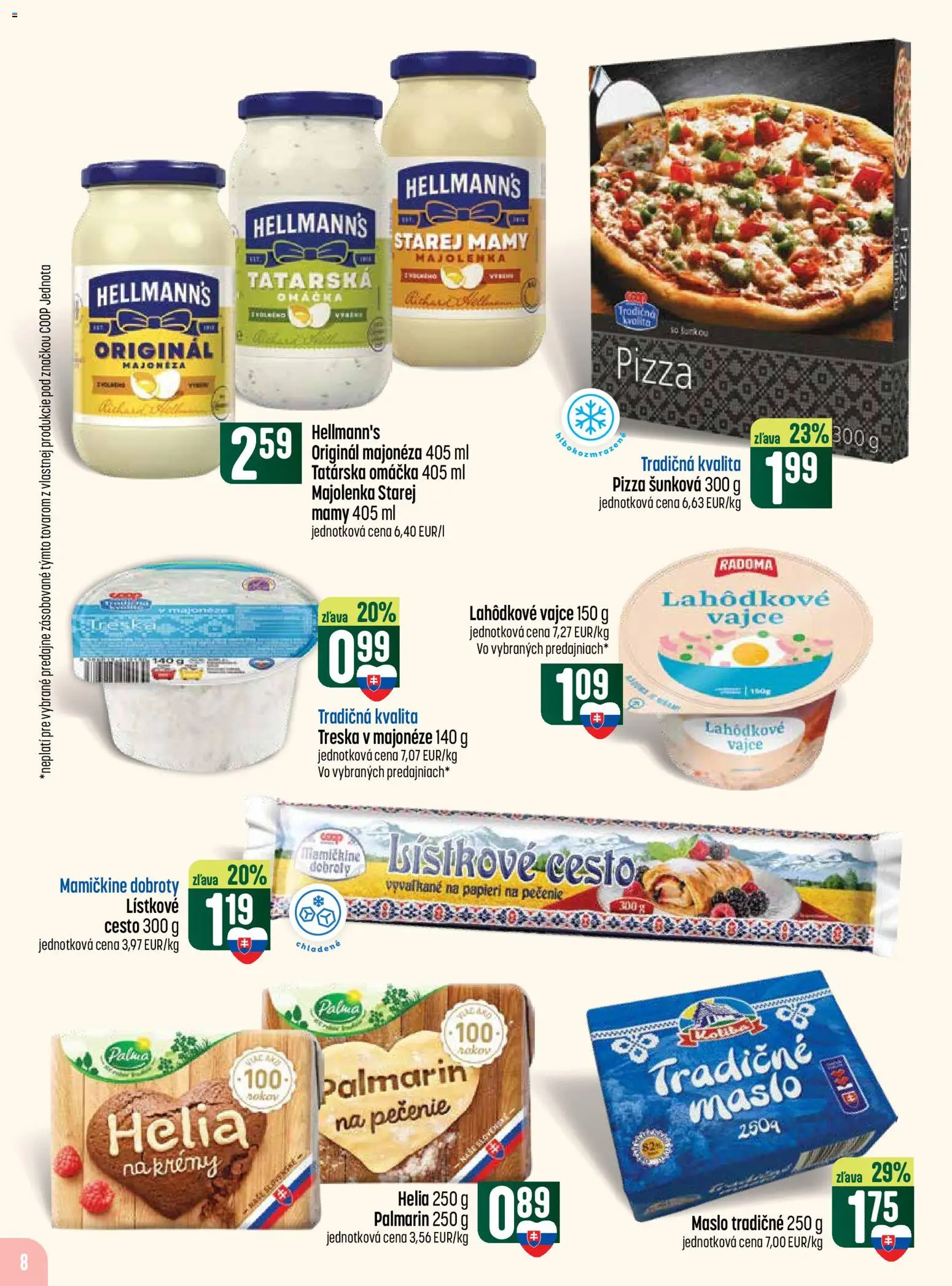 Náhľad COOP Jednota letáku platného od 29.10.2026 - Pizza, Maslo, Treska, Cesto, Lístkové cesto, Omáčka, Palmarin, Majonéza