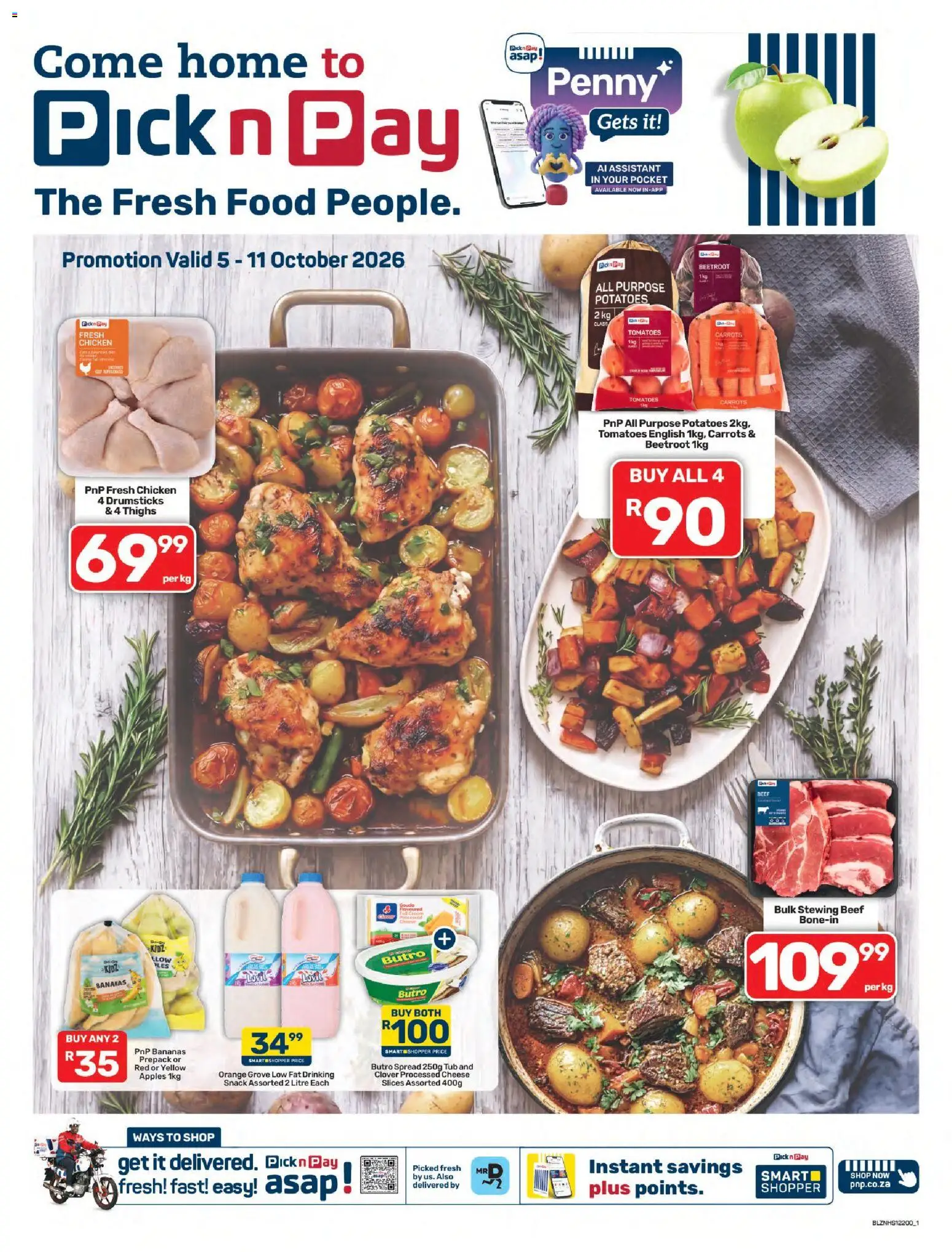 Preview of Pick n Pay flyer valid from 05/10/2026 - Apples, Cheese, Bananas, Potatoes, Tomatoes, Carrots, Beef, Spread