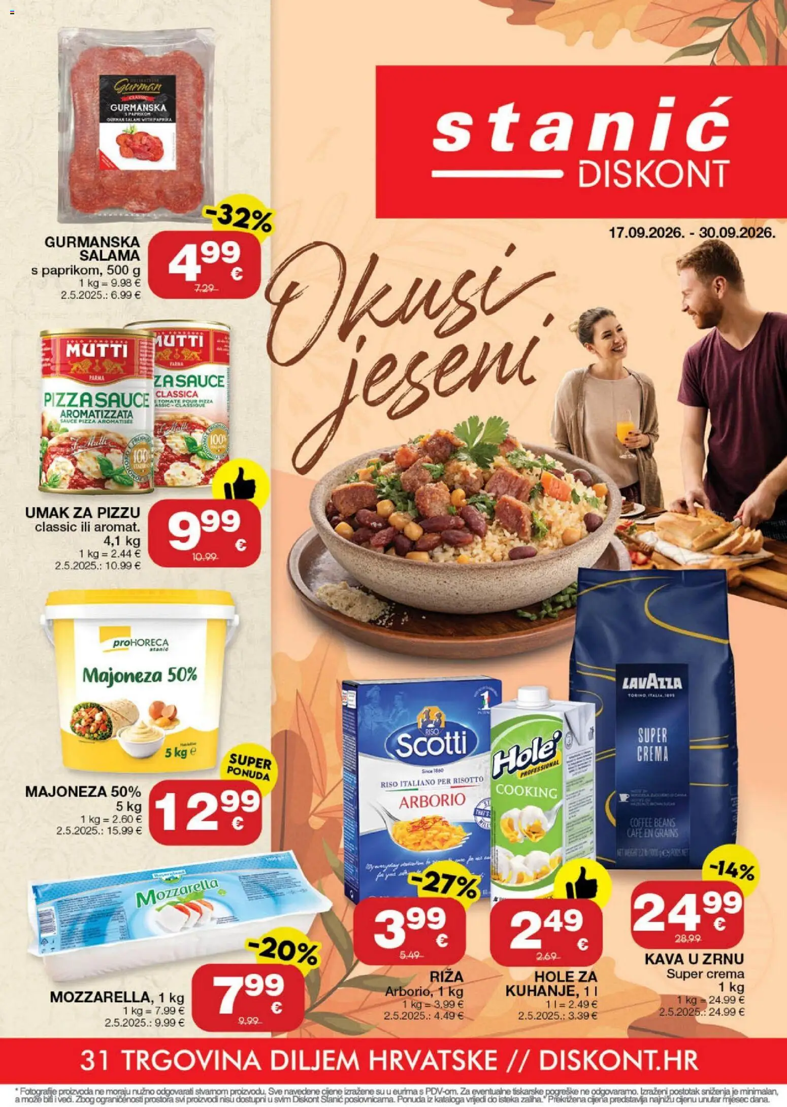 Pregled letka Stanić Diskont Katalog trgovine Stanić Diskont vrijedi od 17.09.2026 - Kava, Paprika, Mozzarella, Riža, Kava u zrnu, Salama, Majoneza, Umak