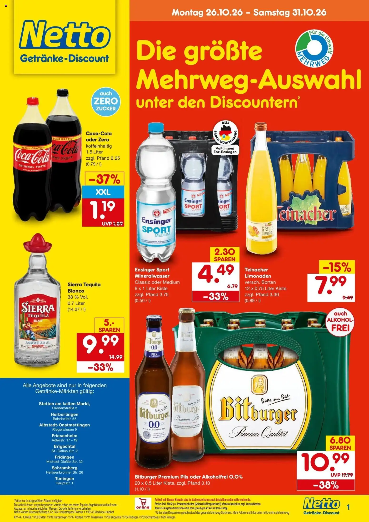 Vorschau von dem Prospekt des Geschäftes Netto Marken-Discount, gültig ab dem 26.10.2026 - Mineralwasser, Alkohol, Tequila, Zucker, Bitburger, Pils