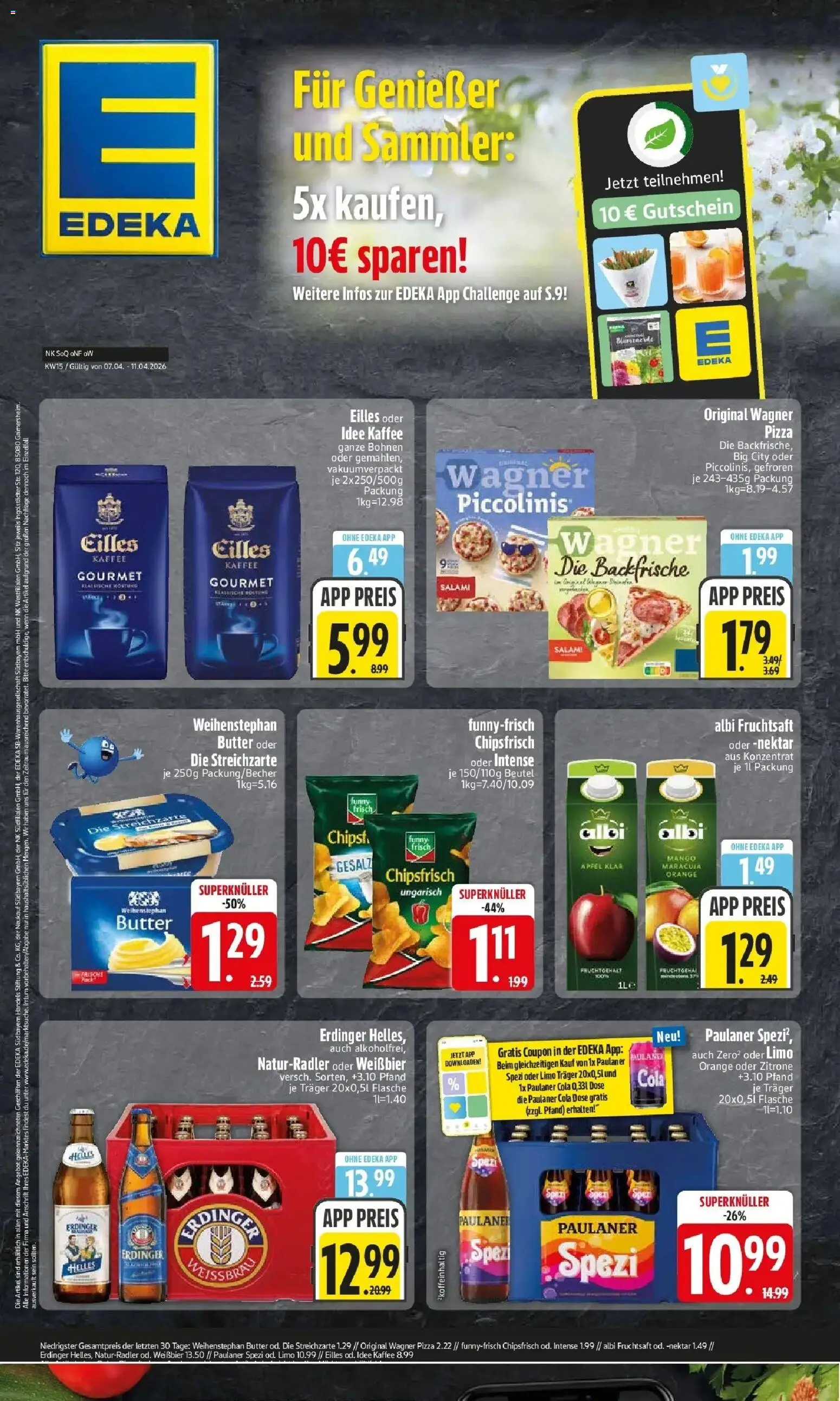 Vorschau von dem Prospekt des Geschäftes Edeka, gültig ab dem 05.04.2026 - Pizza, Äpfel, Cola, Paulaner, Weißbier, Weihenstephan butter, Idee kaffee, Fruchtsaft