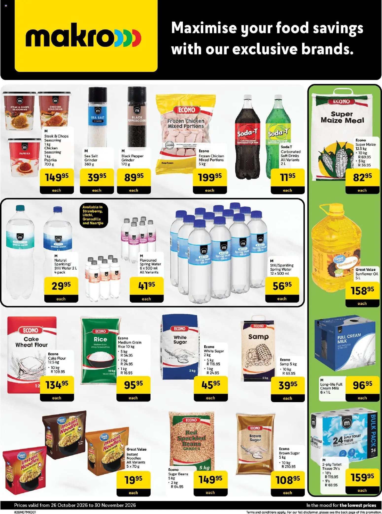 Preview of Makro flyer valid from 26/10/2026 - Water, Chicken, Toilet, Salt, Oil, Flour, Maize meal, Seasoning