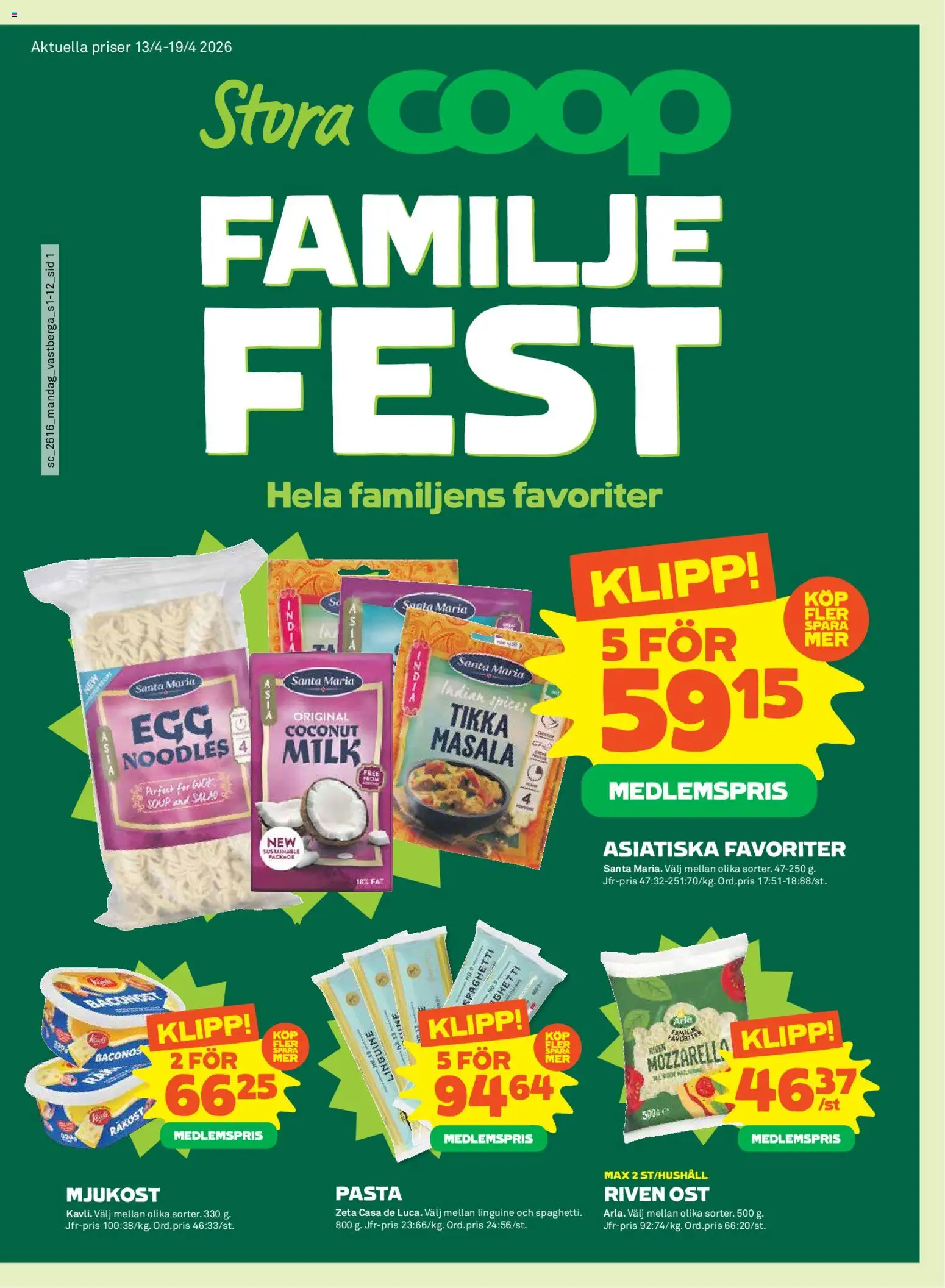 Förhandsgranska reklamblad Coop Forum erbjudanden från butik Coop Forum gäller från 13/04/2026 - Pasta, Ost, Mozzarella, Spaghetti, Mjukost, Riven ost, Räkost