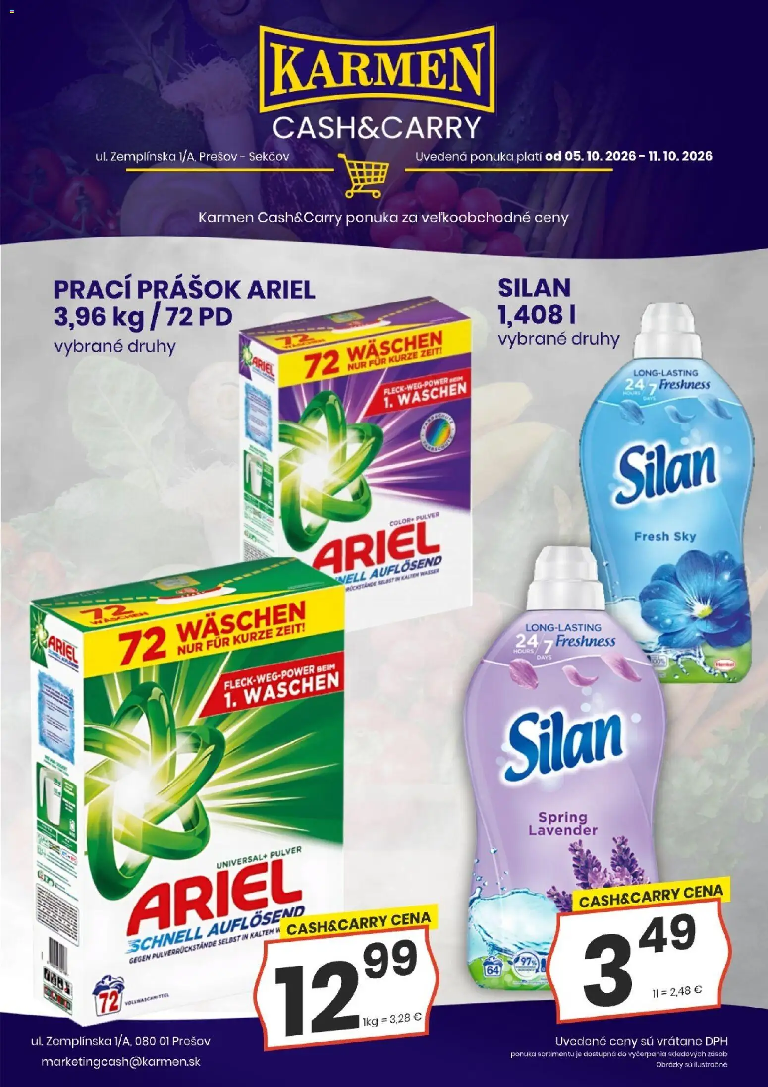 Náhľad KARMEN CBA letáku platného od 05.10.2026 - Ariel, Silan, Prací prášok
