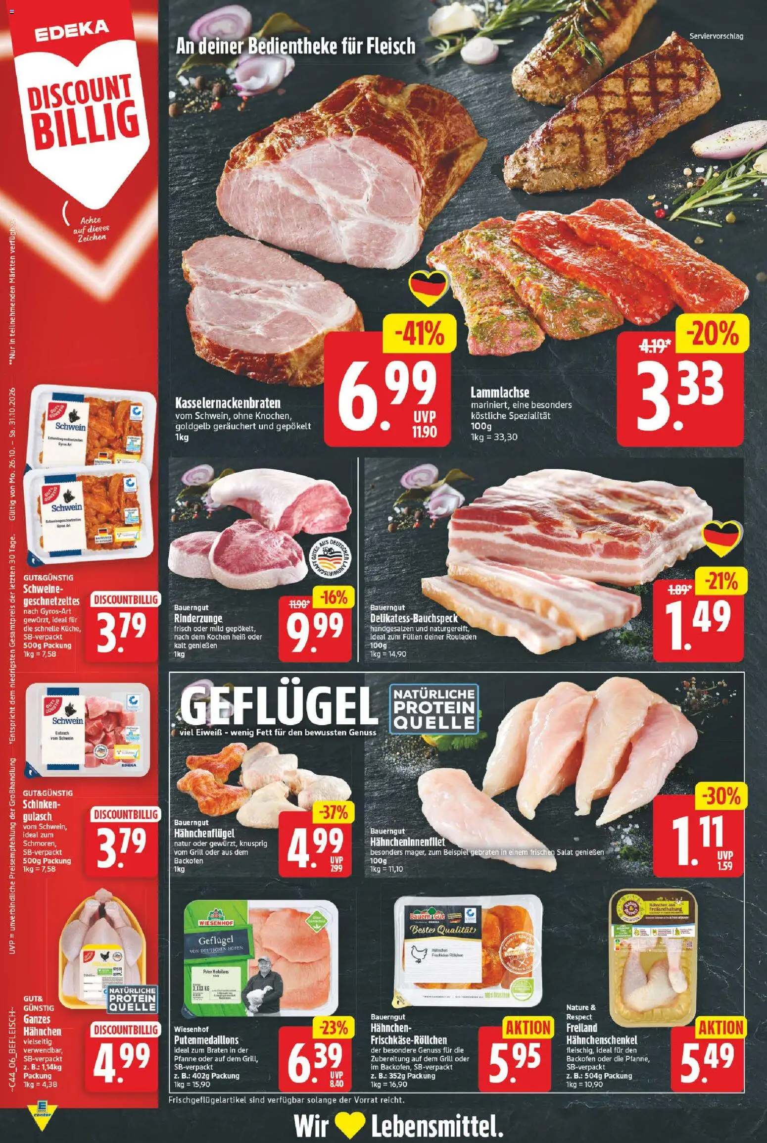 Vorschau von dem Prospekt des Geschäftes E center, gültig ab dem 26.10.2026 - Grill, Gulasch, Salat, Backofen, Fleisch, Hahnchenschenkel, Schinken, Bauerngut