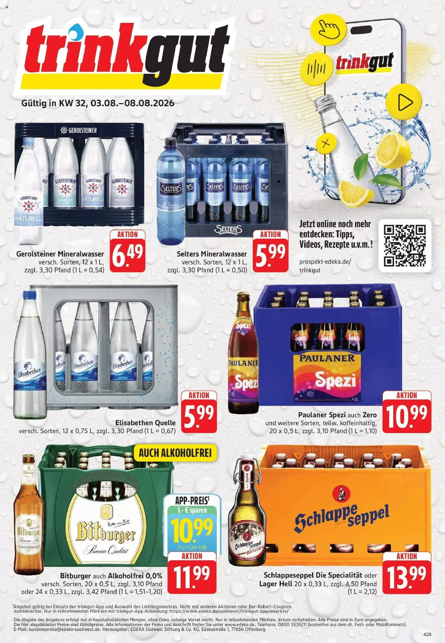 Vorschau von dem Prospekt des Geschäftes Trinkgut, gültig ab dem 03.08.2026 - Mineralwasser, Gerolsteiner, Paulaner spezi, Paulaner, Bitburger