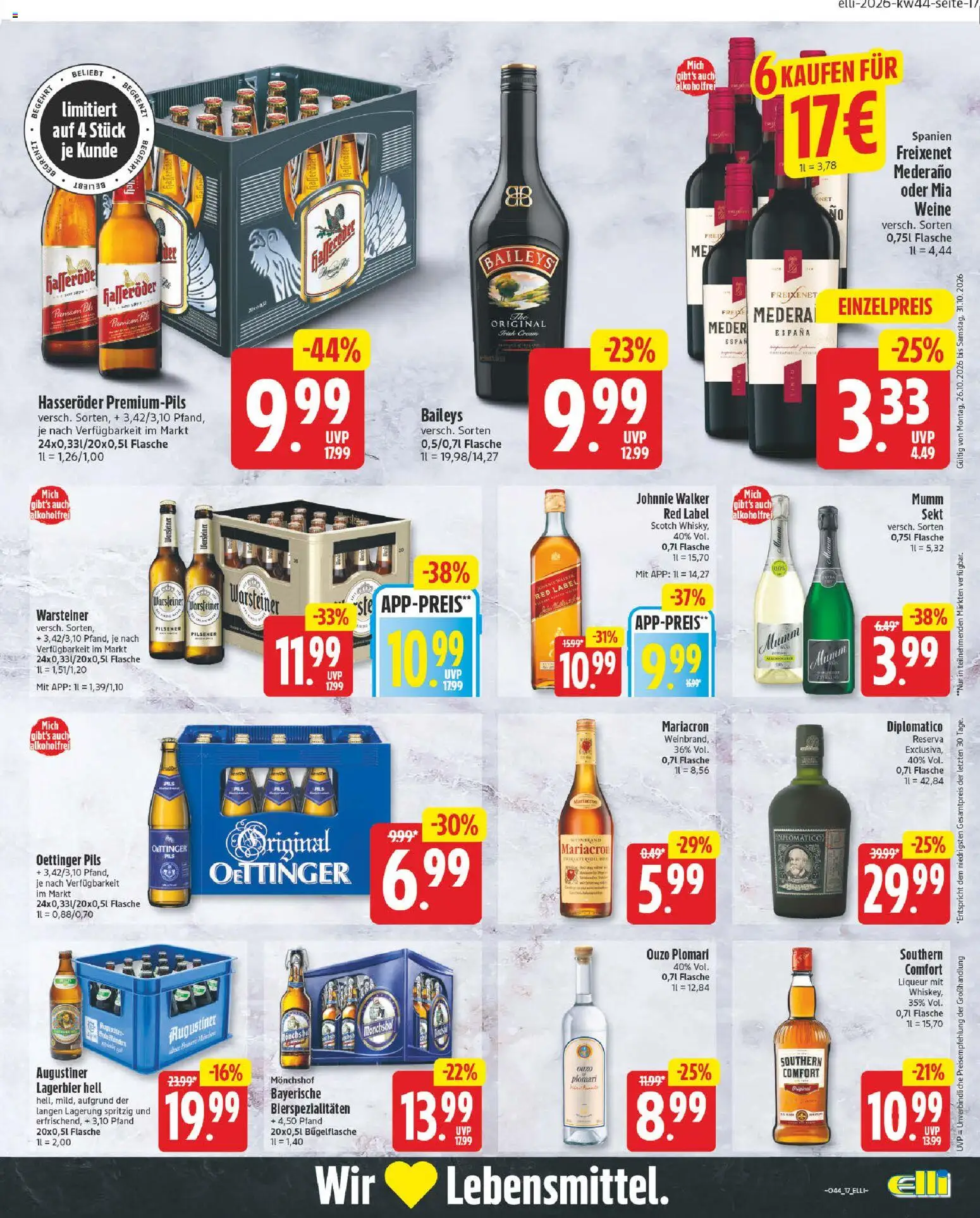 Vorschau von dem Prospekt des Geschäftes Elli Markt, gültig ab dem 26.10.2026 - Bier, Baileys, Warsteiner, Sekt, Oettinger, Hasseröder, Monchshof, Ouzo plomari