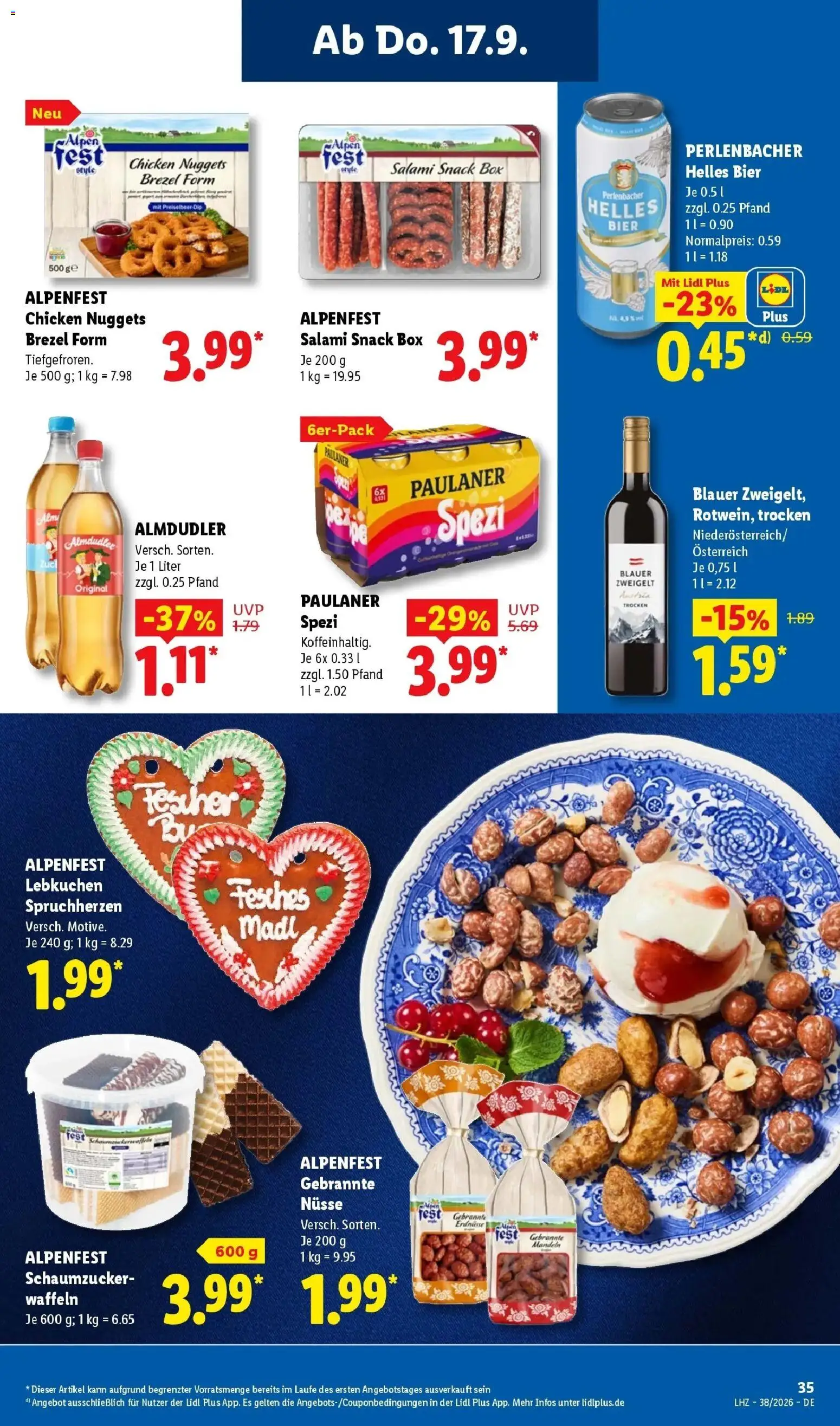 Vorschau von dem Prospekt des Geschäftes Lidl, gültig ab dem 14.09.2026 - Bier, Waffeln, Paulaner spezi, Box, Mandeln, Paulaner, Salami, Nüsse