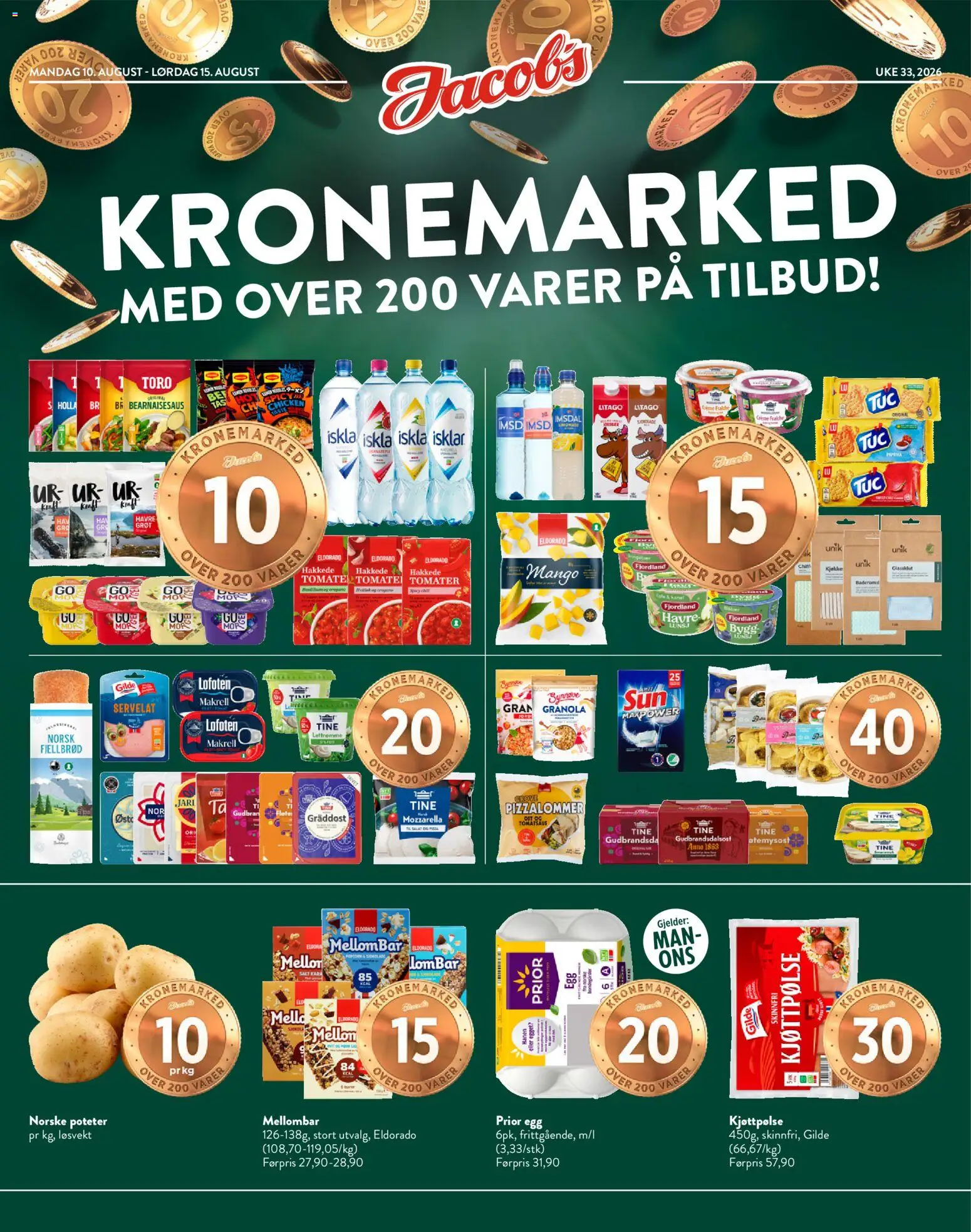 Forhåndsvis Jacobs kundeavis fra butikk Jacobs gyldig fra 10/08/2026 - Mellombar, Tomater, Pc, Poteter, Tomatsaus, Fjellbrød, Mango, Makrell