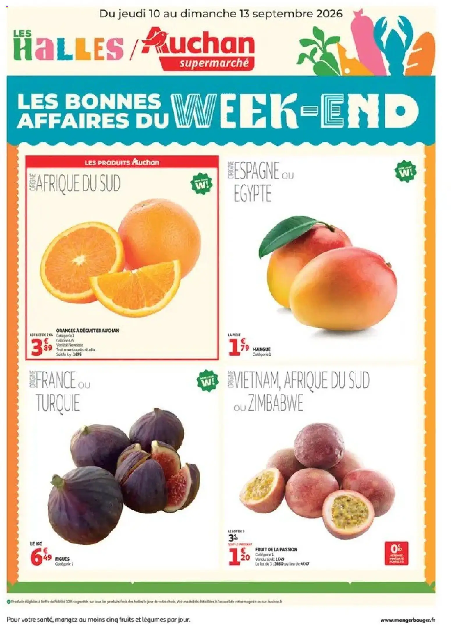 Prévisualisation de Auchan les bons plans du week-end dans votre super du magasin Auchan formulaire valide 10/09/2026 - Oranges, Fruits, Fruit de la passion, Figues, Vanille, Mangue