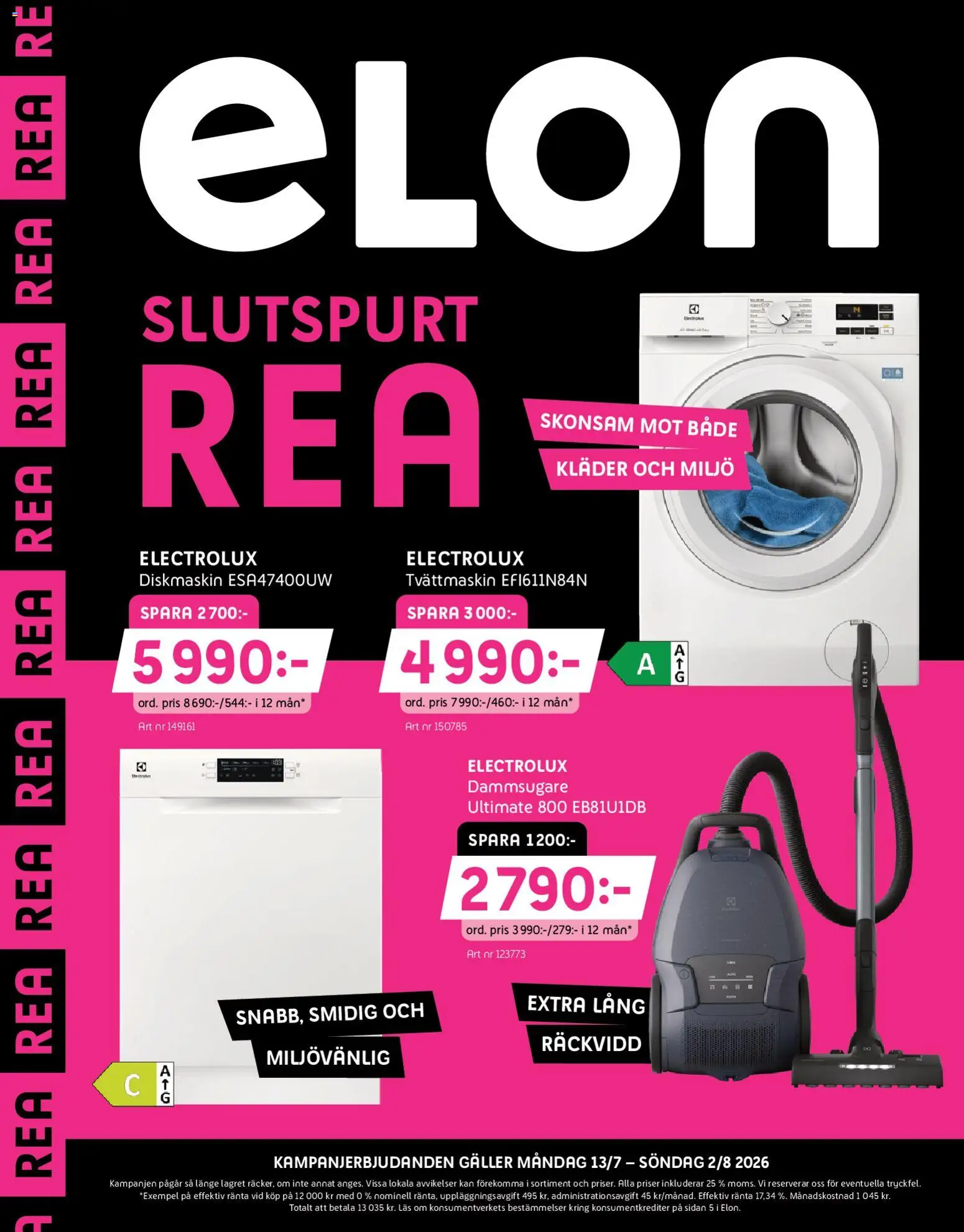 Förhandsgranska reklamblad Elon erbjudanden från butik Elon gäller från 13/07/2026 - Dammsugare, Kläder, Tvättmaskin, Diskmaskin, Galler